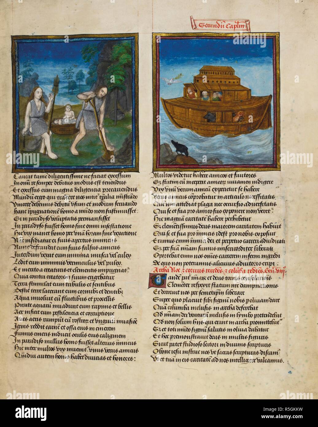 Miniature di scavo di Adam e vigilia la filatura, con i loro bambini in background; l'arca, illustrante il capitolo 2. Speculum Humanae Salvationis. Inghilterra, S. E. (Londra); tra il 1485 e il 1509. Fonte: Harley 2838 f.5. Lingue: Latina. Foto Stock