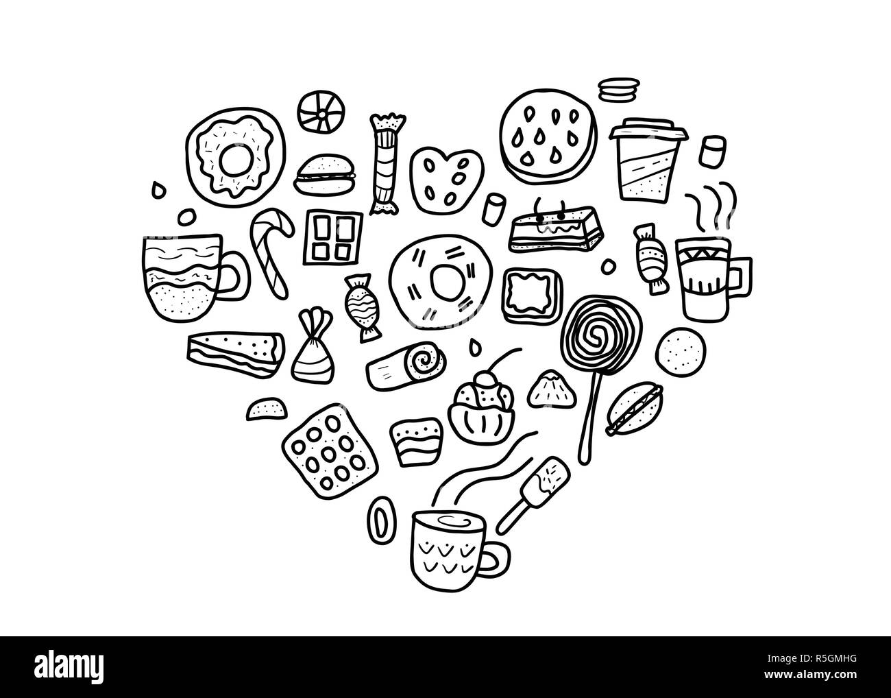 Concetto di cuore di dessert. Vettore torte dolci, ciambelle, caramelle e altri snack in stile doodle isolati su sfondo bianco. Illustrazione Vettoriale