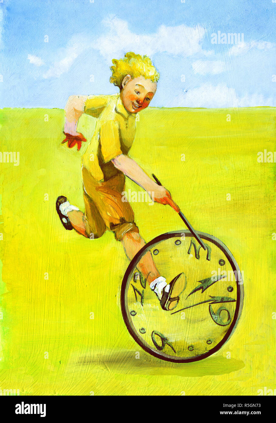 Il ragazzo corse con il cerchio per lui il tempo è molto bello e semplice gioco Foto Stock