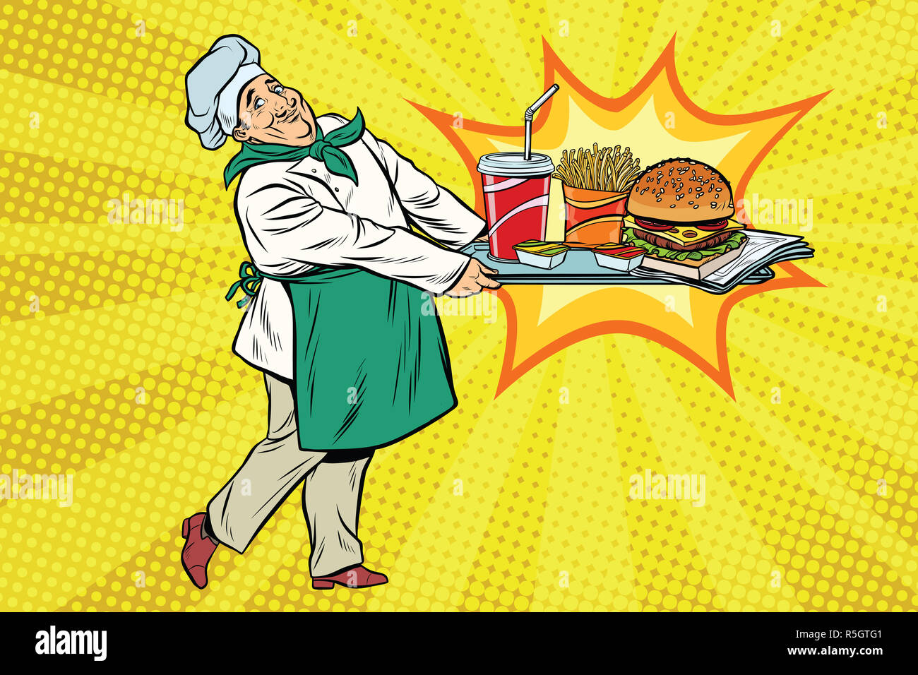 Lo chef offre un vassoio di fast food Foto Stock