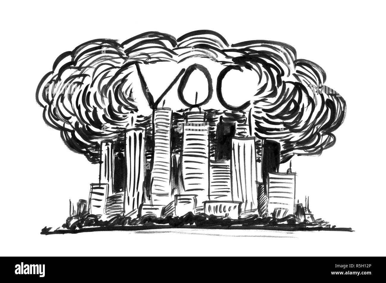 Inchiostro nero Grunge disegno a mano della città coperto da smog e VOC o un composto organico volatile dell'inquinamento atmosferico Foto Stock