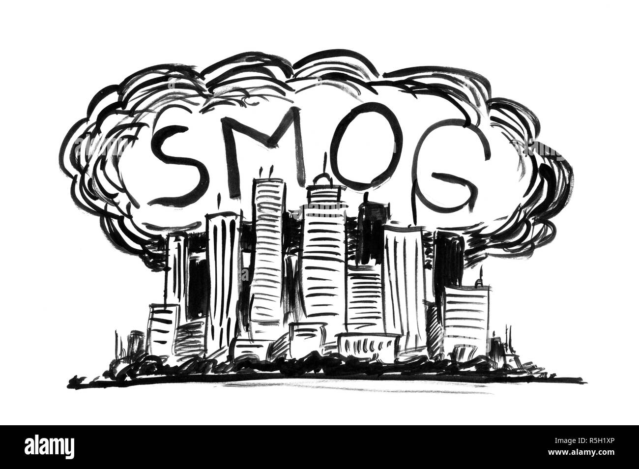 Inchiostro nero Grunge disegno a mano della città coperto da smog e inquinamento atmosferico Foto Stock