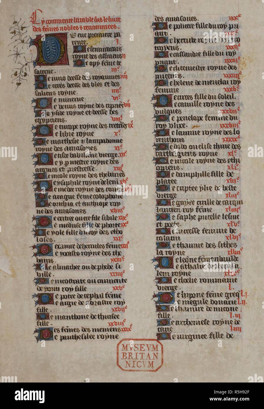 Testo con la sigla illuminato. De mulieribus claris. Inizio del XV secolo. Fonte: Royal 16 G. V, f.4. Foto Stock