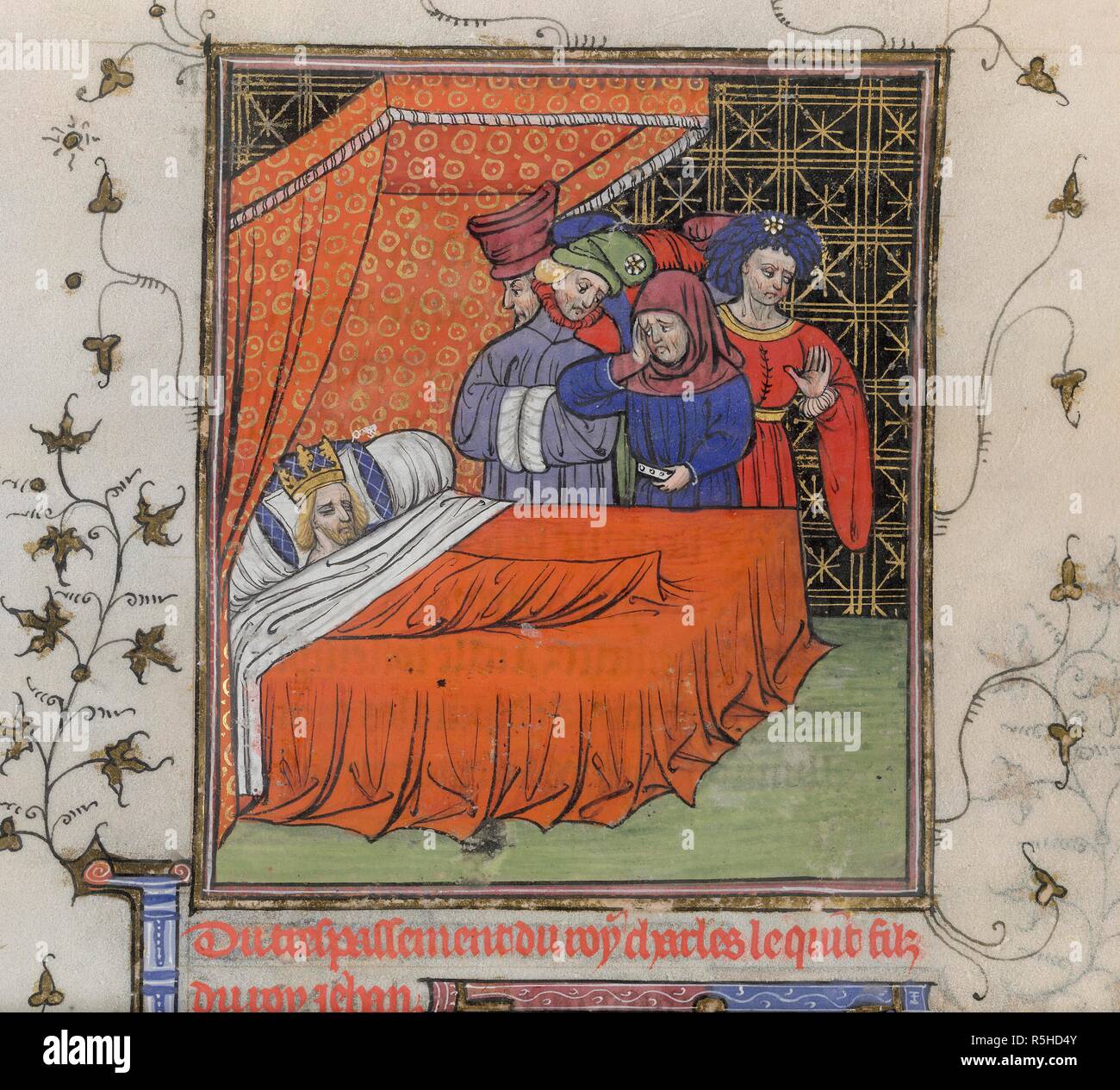 Letto di morte del re Carlo V. Chroniques de France ou de St Denis. Fine del XIV secolo. [Solo in miniatura] letto di morte del re Carlo V di Francia, 17 settembre 1380 immagine presa da Chroniques de France ou de St Denis. Originariamente pubblicato/prodotto in fine del XIV secolo. . Fonte: Royal 20 C. VII, f.215. Lingua: Francese. Foto Stock