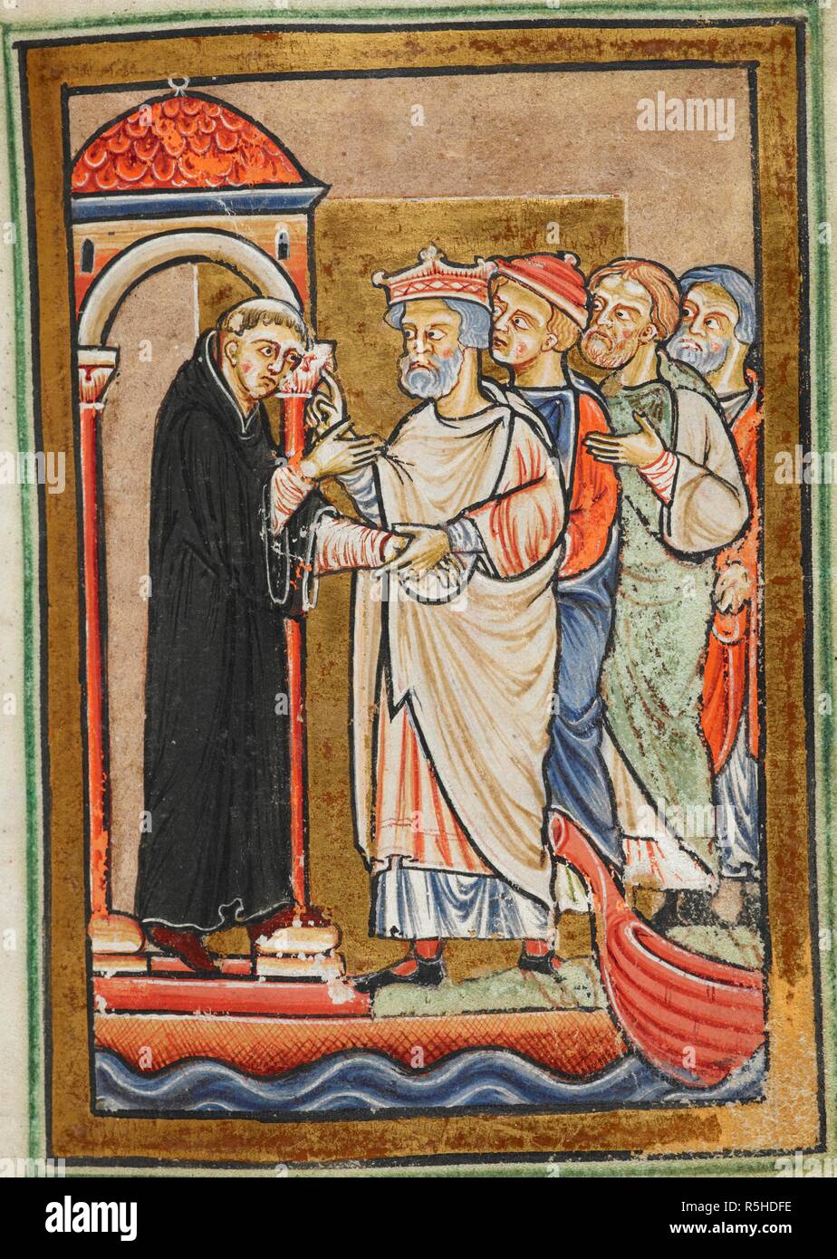 Miniatura di Ecgfrith re dell'inglese, insieme con il suo vescovo Trumwine, visitando Cuthbert a Lindisfarne, dal capitolo 24 di Beda prosa della vita di St Cuthbert. . La vita in prosa di San Cutberto; estratti della Historia Ecclesiastica (storia della Chiesa inglese e persone). Inghilterra, N. (Durham). Ultimo quarto del XII secolo. Fonte: Yates Thompson 26 f.51. Lingue: Latina. Foto Stock