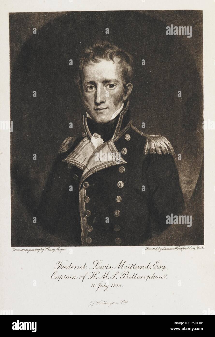 "Frederick Lewis Maitland. Esq. Capitano di H.M.S. Bellerophon. Il 15 luglio 1815. Da una incisione di Henry Meyer. Dipinto da Samuel Woodford esq. R.A. La rinuncia di Napoleone: essendo la narrazione della rinuncia di Buonaparte, e della sua residenza a bordo H.M.S. Bellerophon ... Una nuova edizione. Modificati con un ricordo dell'autore da W. K. Dickson. Edinburgh ; London : William Blackwood & Sons, 1904. Fonte: 09077.h.24 frontespizio. Autore: Meyer, Henry. Maitland, Frederick Lewis, Sir, K. C. B. Foto Stock