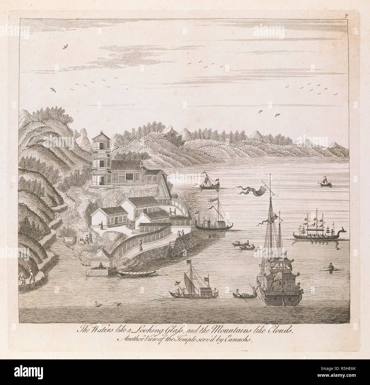 Una vista di un lago o di un fiume con un gruppo di edifici tra cui una pagoda, un padiglione, un boathouse e zone di parete su un isola sulla sinistra. Barche a vela e barche a destra e un paesaggio roccioso nella distanza. Le acque come un Looking Glass e le montagne come le nuvole : Un'altra vista del tempio Serv'd da eunuchi. [Londra] : [stampate per e venduto da Thomas Bowles, Giovanni Bellini, e il figlio Robert Sayer e Henry Overton], [1753]. attacco e incisione. Fonte: Mappe 7.tab.73, la piastra 7. Lingua: Inglese. Foto Stock