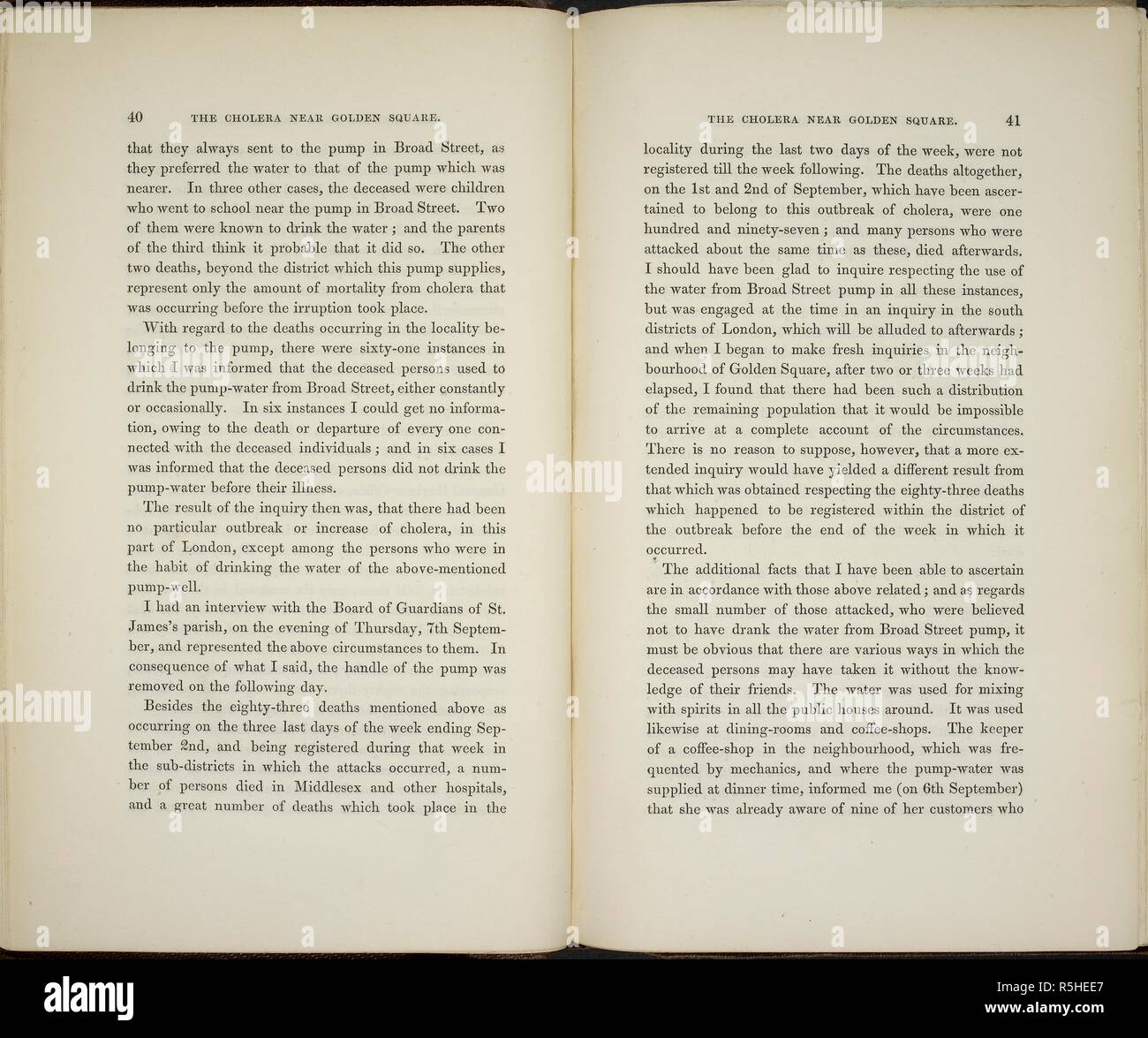 Il testo del capitolo " il colera vicino a Golden Square.". In merito alle modalità di comunicazione del colera. Da John Snow, ... Londra: John Churchill, 1855 T. Richards [STAMPANTE]. Fonte: 7560.ES.67 le pagine 40 e 41. Foto Stock