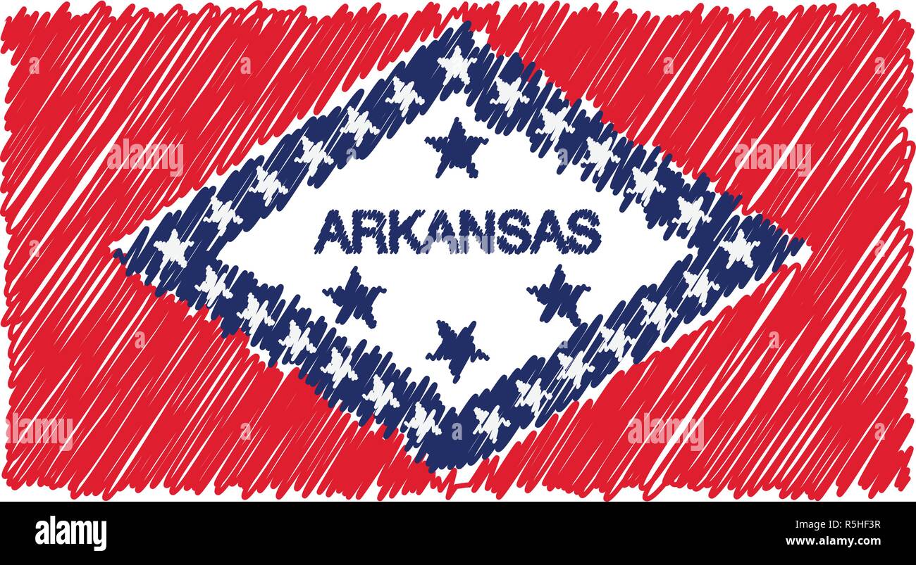 Disegnato a mano bandiera nazionale di Arkansas isolato su uno sfondo bianco. Disegno vettoriale illustrazione dello stile. Illustrazione Vettoriale