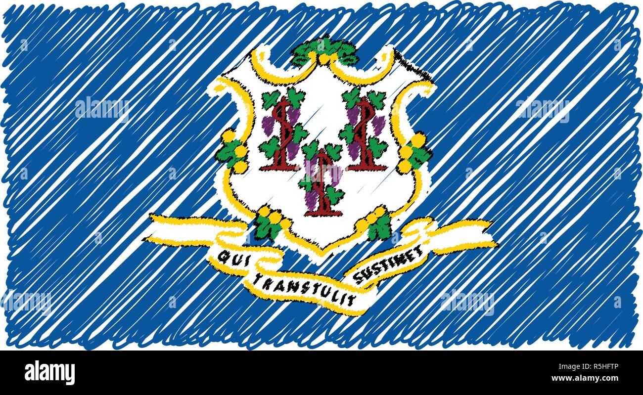 Disegnato a mano bandiera nazionale del Connecticut isolato su uno sfondo bianco. Disegno vettoriale illustrazione dello stile. Illustrazione Vettoriale