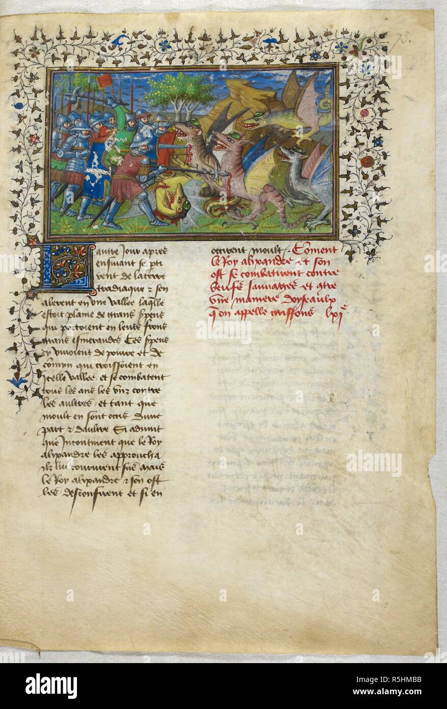 Miniatura di Alexander's battaglia contro draghi con smeraldi in la loro fronte. Historia de proelis in una traduzione in francese (Le Livre et le vraye hystoire du bon roy Alixandre). Francia, Centrale (Parigi); c.1420. Fonte: Royal 20 B. XX, f.73. Lingua: Francese. Foto Stock
