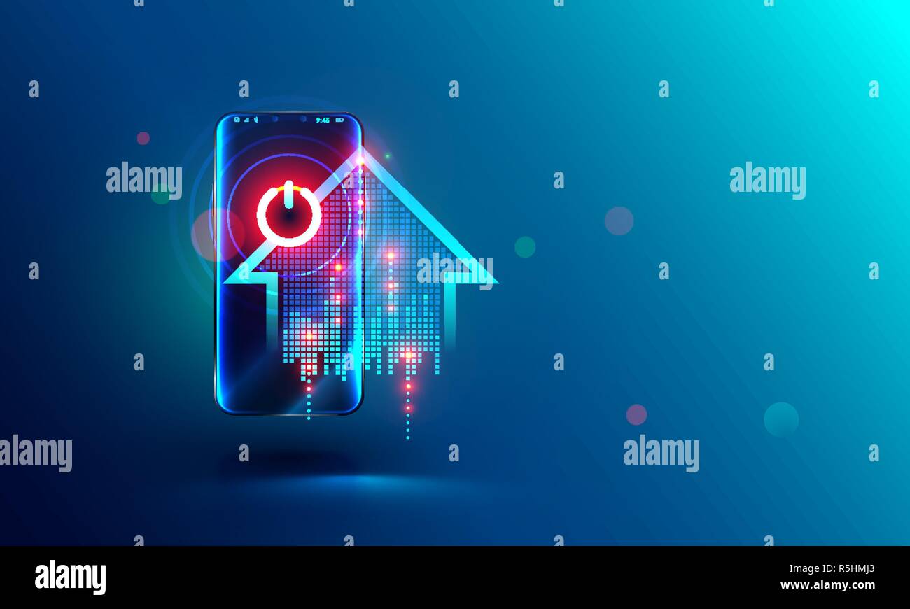 Smart home concetto astratto. sistema di intelligenza il pulsante di alimentazione sullo schermo del telefono cellulare. Smartphone controlla potenza delle famiglie dei dispositivi. Illustrazione astratta su home automation. Illustrazione Vettoriale