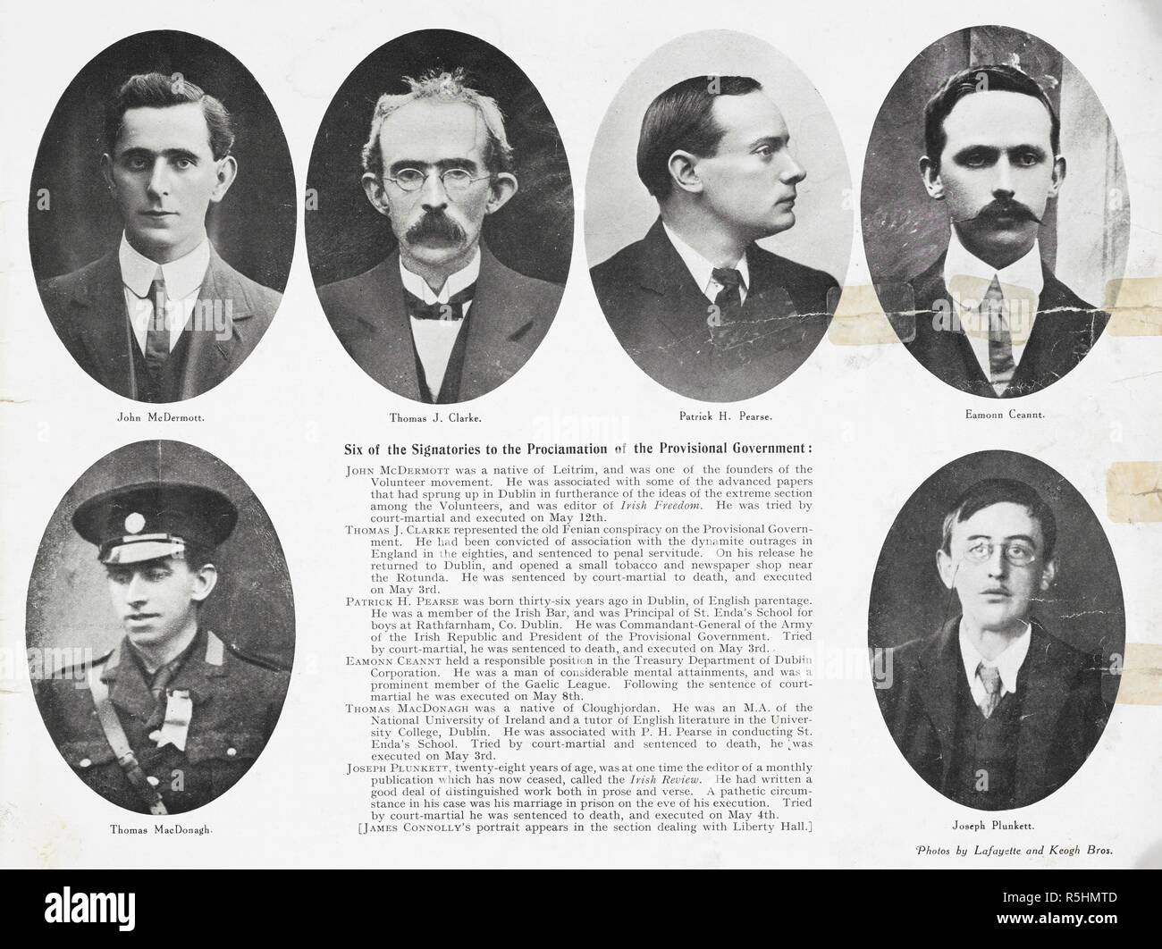 Sei dei firmatari alla proclamazione del governo provvisorio.: John McDermott; Thomas J. Clarke; Patrick H. Pearse; Eamonn Ceannt; Thomas MacDonagh; Joseph Plunkett. Un record illustrato del Sinn Fein rivolta a Dublino in aprile 1916. Dublino : Hely's Ltd, [1916]. Fonte: LB.31.a.6116. Autore: Lafayette e Keogh Bros. Foto Stock