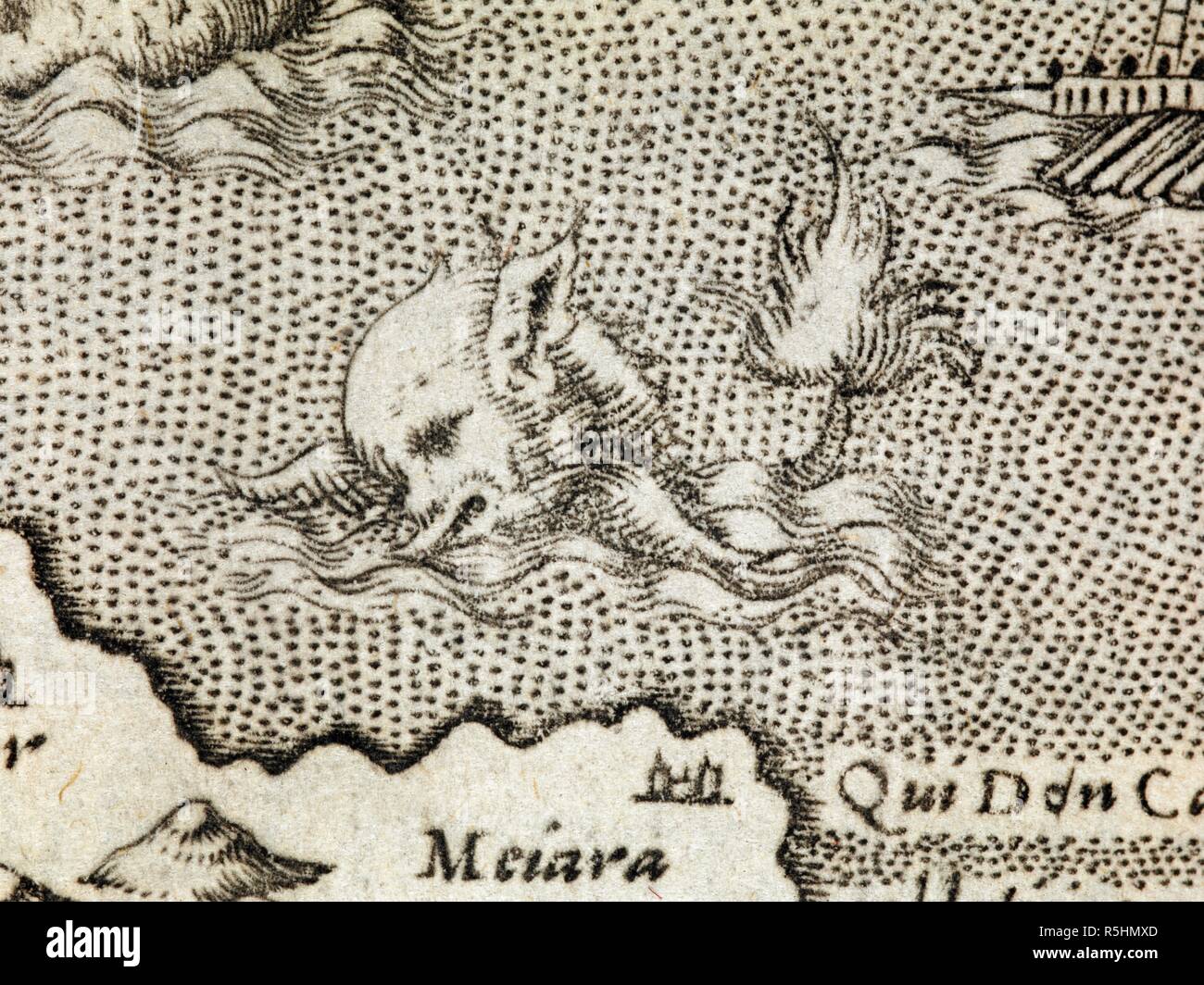 Un mostro marino con una grande testa e coda folta. L'lsole piuÌ€ famose del mondo, descritte da Thomaso Porcacchi da Castiglione Arretino e intagliate da Girolamo Porro Padovano. 1576. Fonte: G.7223, pagina 58. Foto Stock