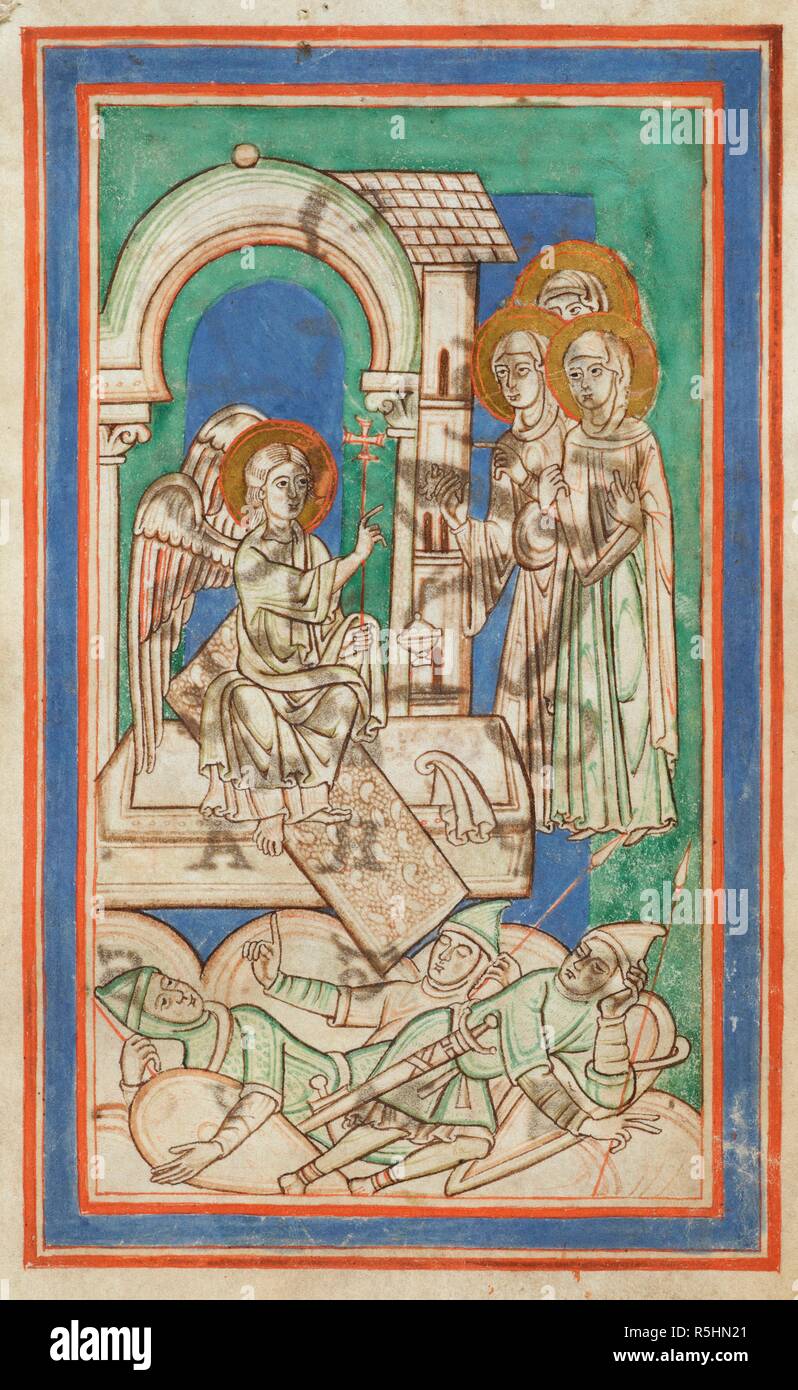 Le tre Marie al Sepolcro; l angelo dice loro Cristo non c'è. I soldati romani a guardia della tomba giacciono addormentati al di sotto. Siegburg lezionario. Germania [Abbazia di San Michele, Siegburg]; secondo quarto del XII secolo. Fonte: Harley 2889, f.41. Lingue: Latina. Foto Stock