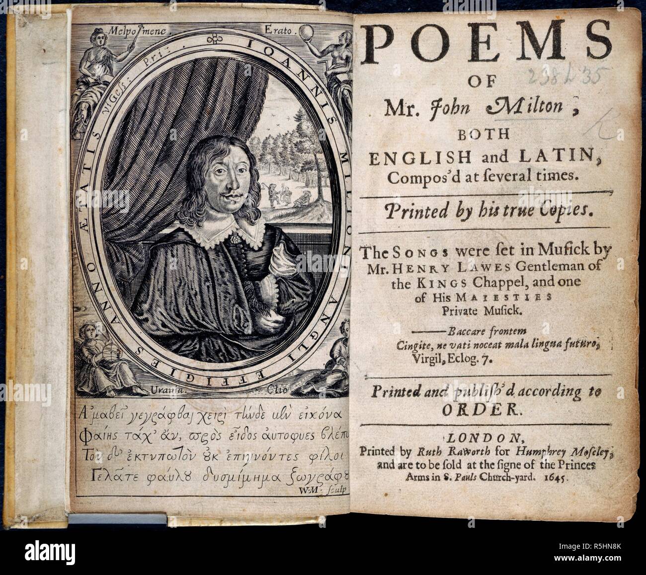 John Milton. Le poesie del signor John Milton, sia in lingua inglese e latino. c. Ruth Raworth, per H. Moseley: Londra, 1645. John Milton (1608-1674). Poeta inglese. Ritratto. Immagine presa da poesie del signor John Milton, sia in lingua inglese e latino. composta a diverse volte. Stampato dalla sua vera copie.. Originariamente pubblicato/prodotto in Ruth Raworth, per H. Moseley: Londra, 1645. . Fonte: C.12.d.20, titolo pagina & frontespizio. Lingua: Inglese. Foto Stock