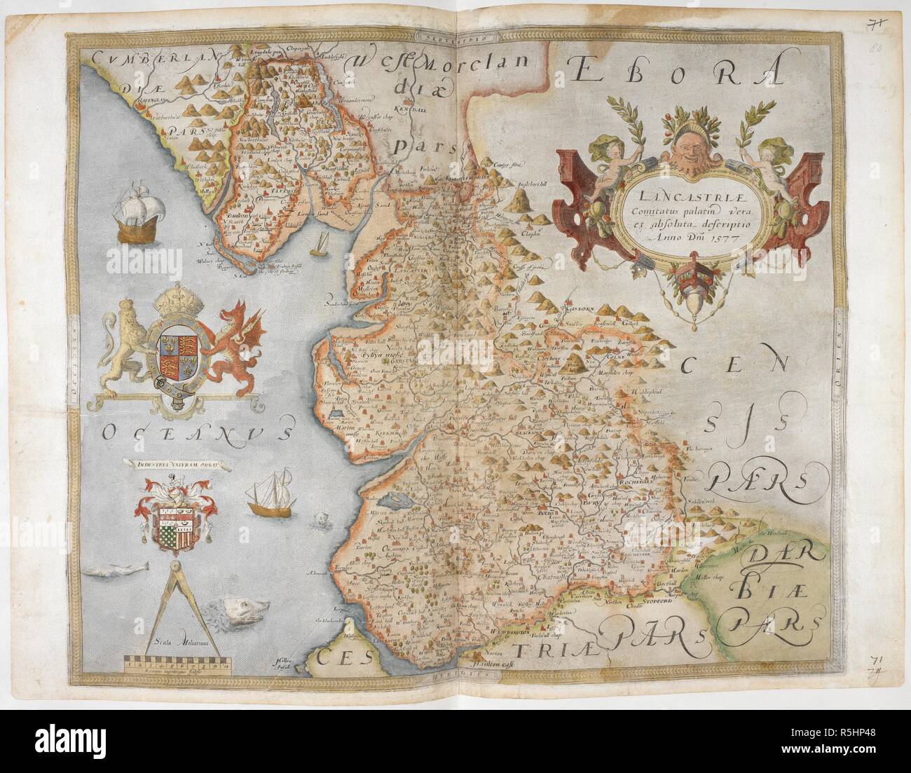 Mappa di Lancashire, 1577. Signore Burghley del Atlante. Mappe delle contee di Inghilterra e Galles, stampato e colorato; dai disegni del Christopher Saxton. Inghilterra [Londra], 1579. Fonte: Royal 18 D. III f.80. Lingua: Inglese. Foto Stock