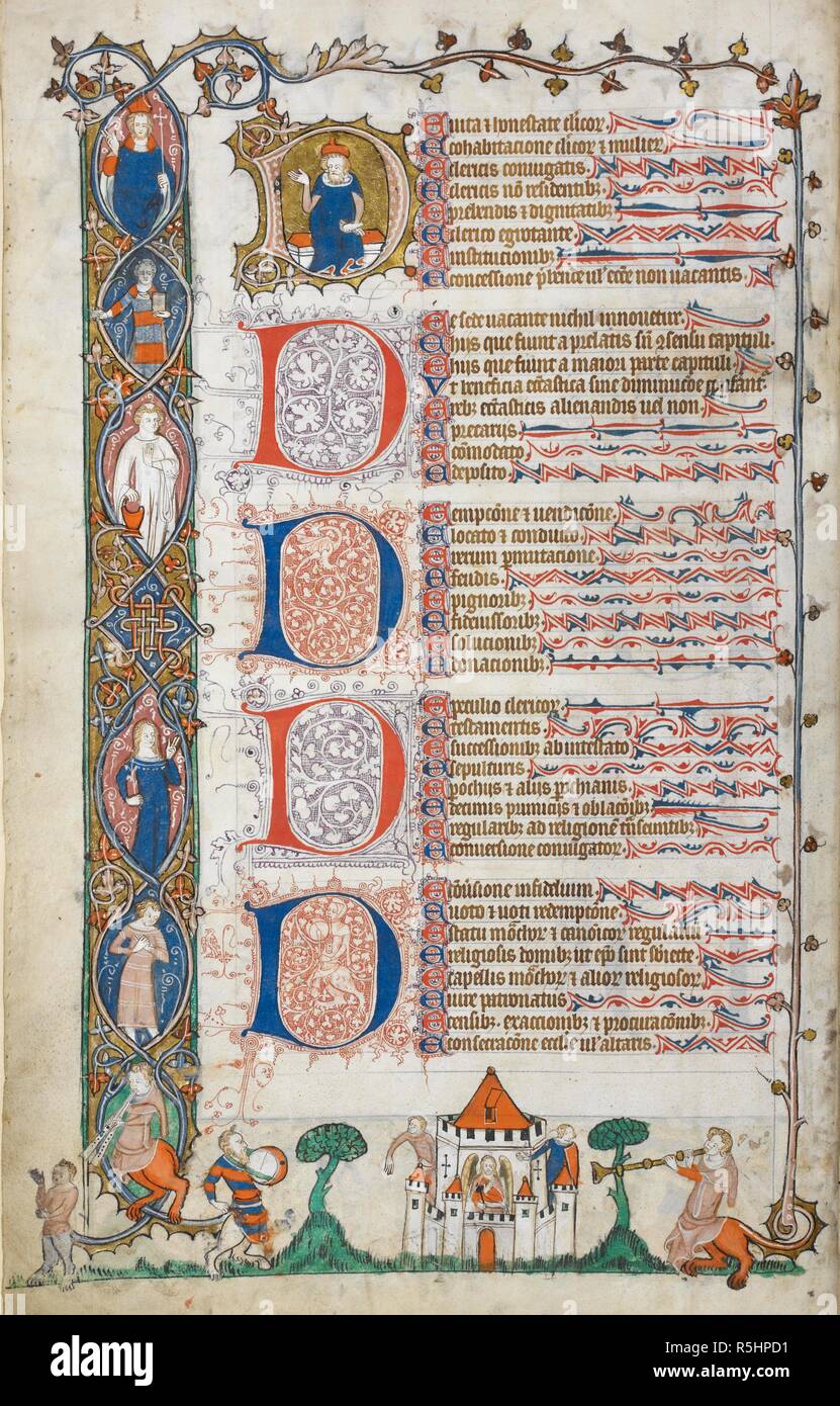 Testo con una iniziale historiated 'D' e quattro iniziale decorata 'D, con barra di abitato di confine, a sinistra e, sotto, bas-de-page Scena raffigurante il castello con grottesche su entrambi i lati. Smithfield Decretals [Decretals di Gregorio IX]. Francia?; 1300-1340 [text]. Inghilterra (Londra?); circa 1340 [l'illuminazione]. Fonte: Royal 10 E. IV, f.2v. Lingue: Latina. Foto Stock
