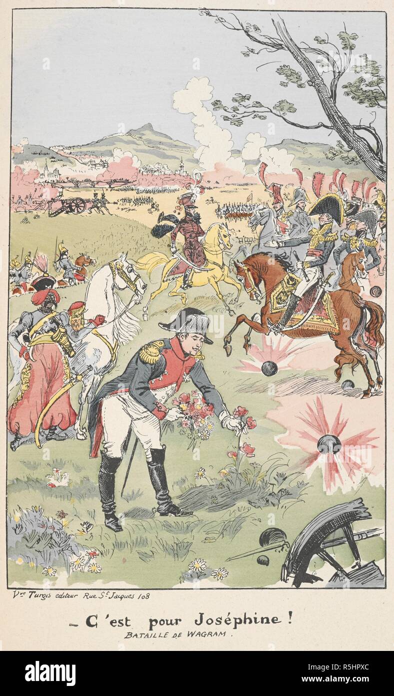 "Cest pour Josephine'. Una foto che mostra Napoleone Bonaparte nella battaglia di Wagram, raccolta un fiore per l'imperatrice Giuseppina. Contes pour les bibliophiles ... Nombreuses illustrazioni, ecc. Parigi, 1895. Fonte: 12513.m.22 opposta a pagina 104. Autore: ROBIDA ALBERT. UZANNE, ottava. Foto Stock