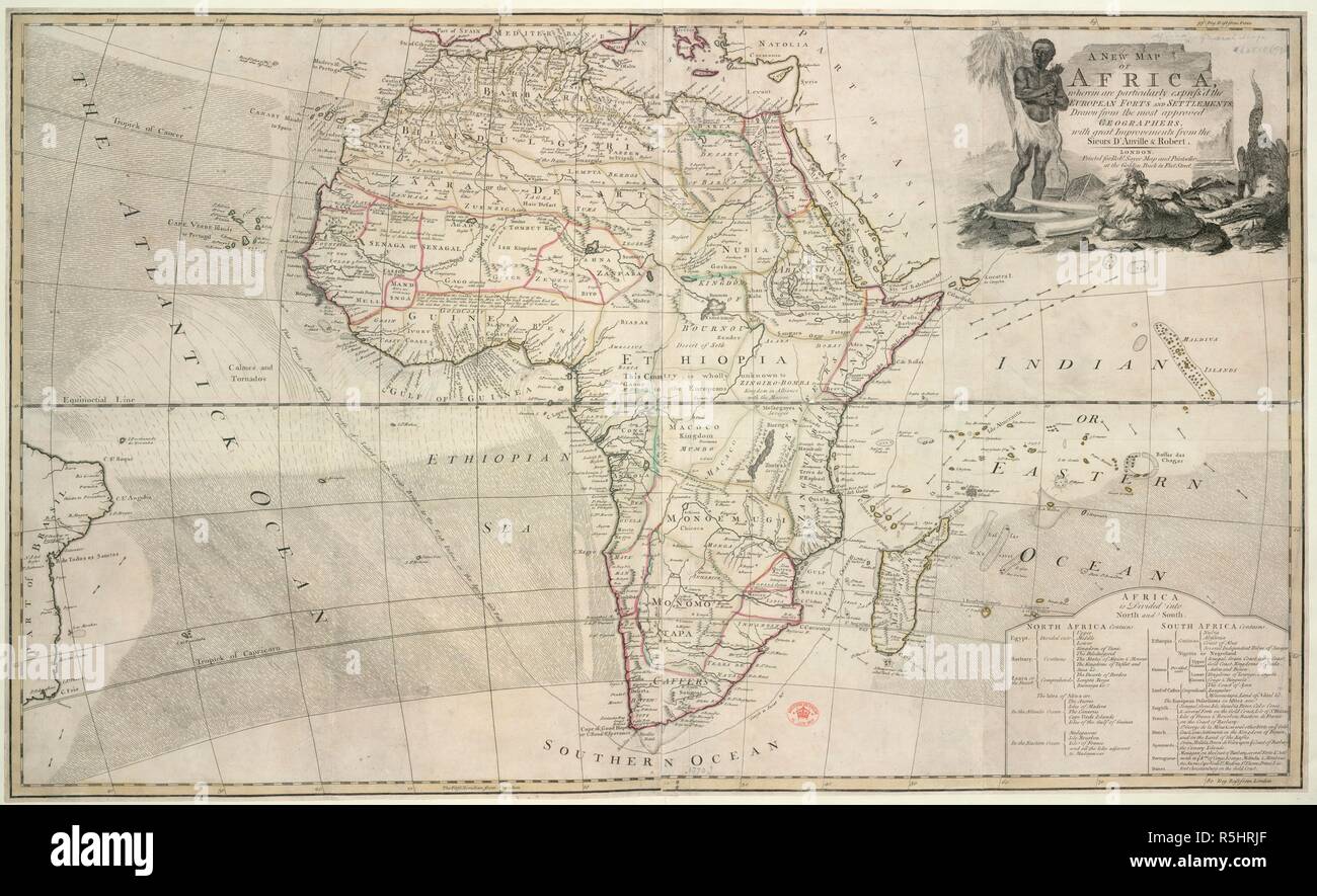 Una mappa di Africa datata 1770. Una nuova mappa di Africa, in cui sono particolarmente express'd la comunità forti e insediamenti. Disegnate ... con grandi miglioramenti dal Sieurs d'Anville & Robert. Londra : Robt. Sayer, [1770]. 950 x 570 mm. Fonte: Mappe 63510.(159). Foto Stock