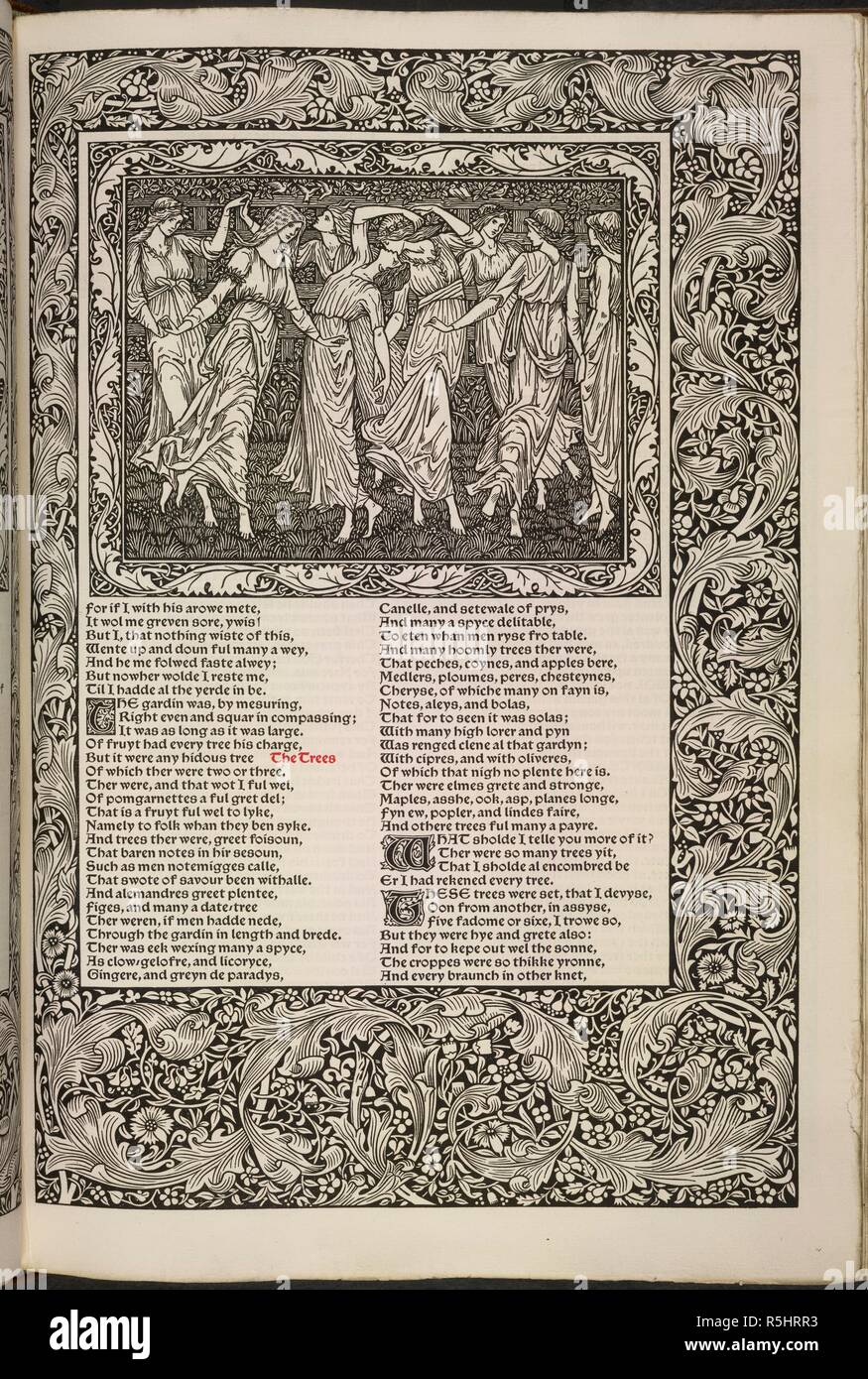 La danza. Le opere di Geoffrey Chaucer adesso nuovamente impresso. Premere Kelmscott: Hammersmith, 1896. Donne che danzano. Il romanticismo della rosa. Immagini tratte da opere di Geoffrey Chaucer adesso nuovamente impresso. (A cura di F. S. Ellis; ornate con immagini progettato da Sir Edward Burne-Jones e incisi su legno da W. H. Hooper.). Originariamente pubblicato/prodotto in Kelmscott Press: Hammersmith, 1896. . Fonte: C.43.h.19. Lingua: Inglese. Foto Stock