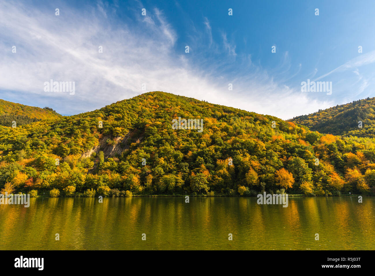 Pölich, paesaggio con vigneti lungo il fiume Mosella e valle vicino al villaggio di Pölich, Renania-Palatinato, Germania, Europa Foto Stock