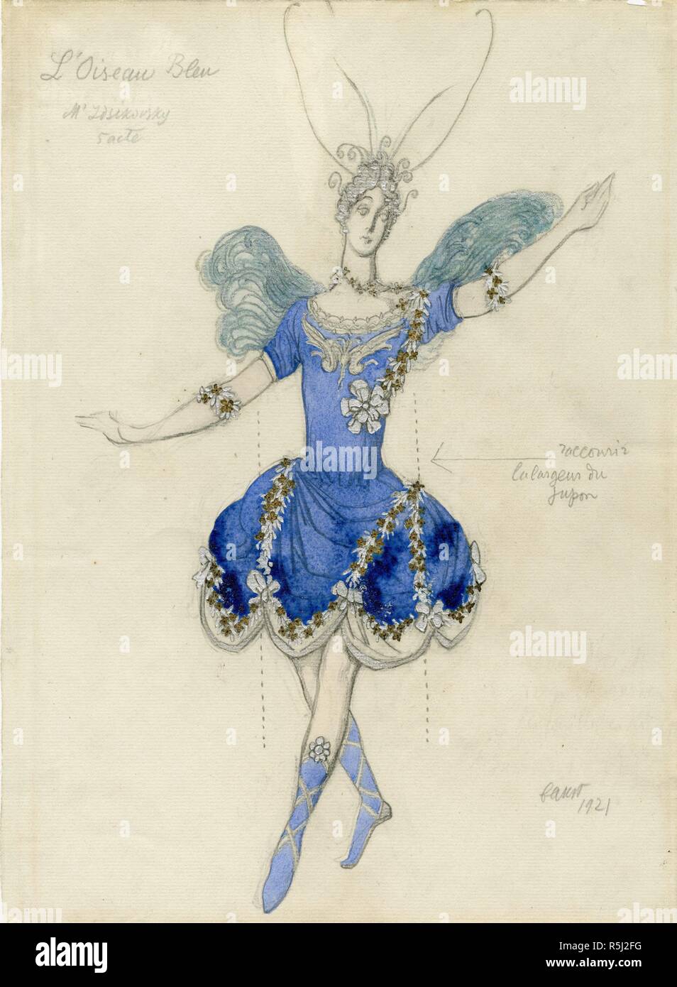 Bluebird. Disegno di costumi per il balletto La bella addormentata di P. Tchaikovsky. Museo: Collezione privata. Autore: Bakst, Leon. Foto Stock