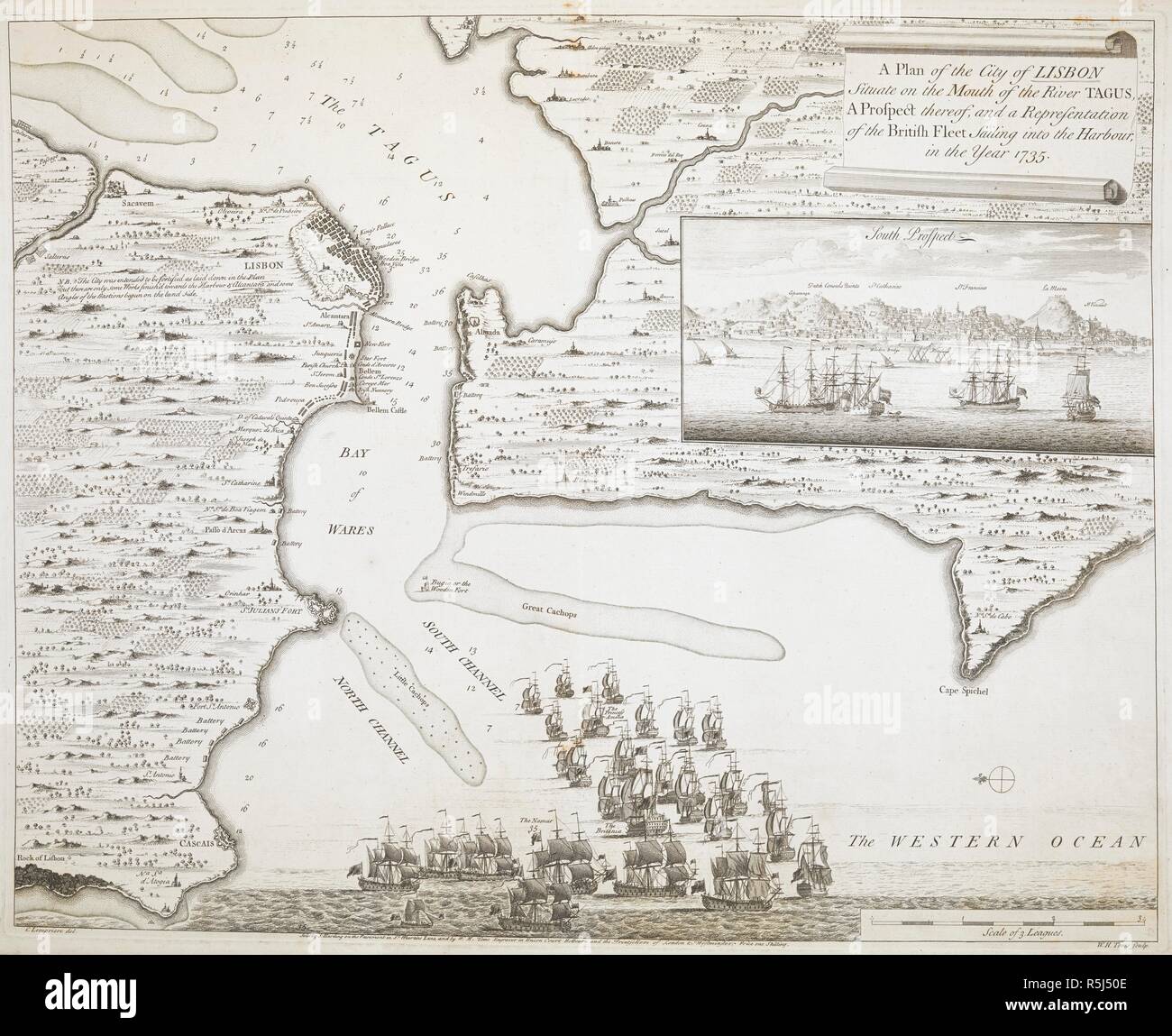 Un piano della città di Lisbona. Una pianta della città di Lisbona ... Una prospettiva di essi e una rappresentazione della flotta britannica la vela in porto nell'anno 1735. Londra : S. Harding e W.H. Toms, [1740]. Fonte: Mappe K.Top.74.62. Lingua: Inglese. Autore: Lempriere, C. Foto Stock