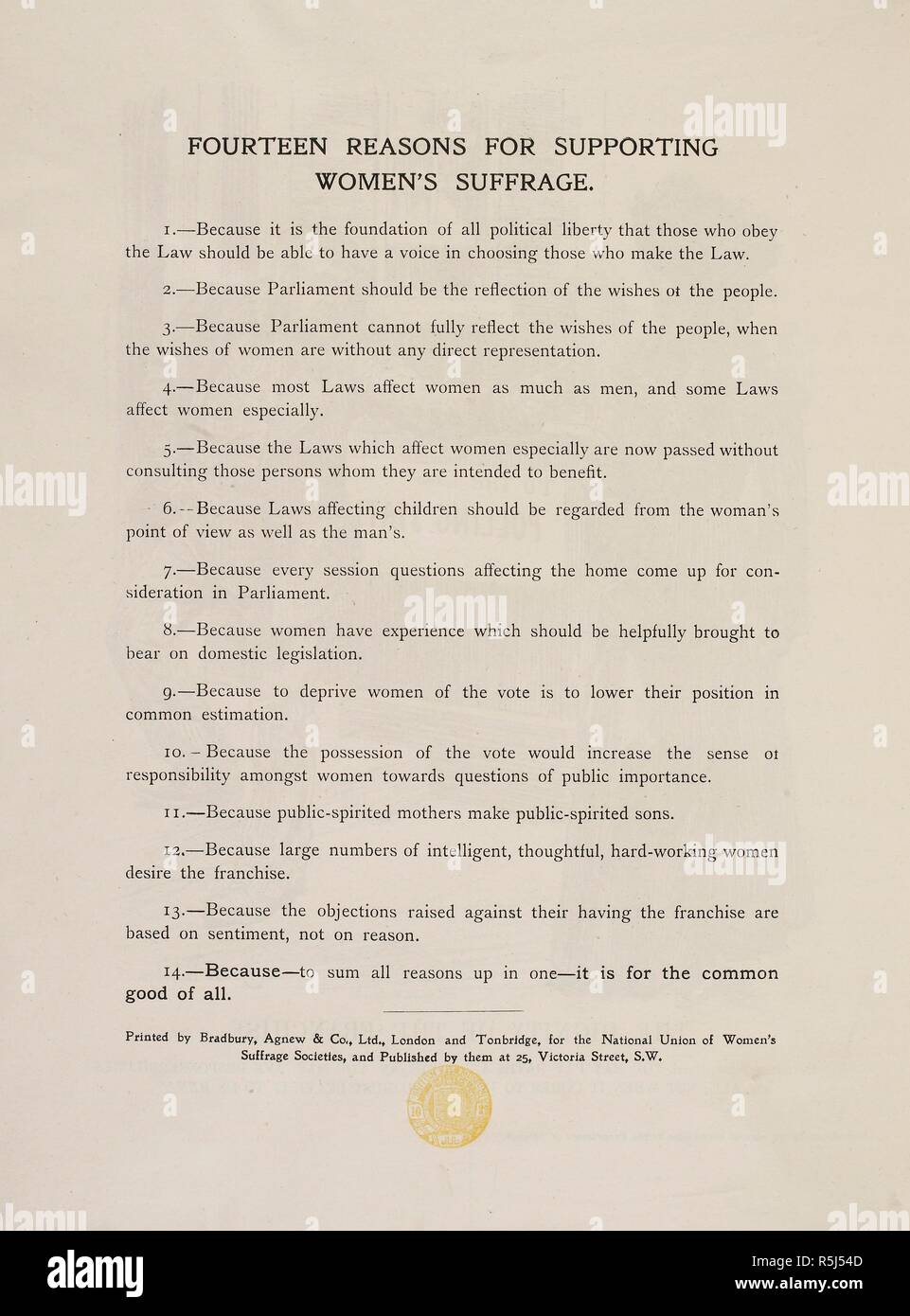 "Quattordici motivi per appoggiare il suffragio femminile". [Una raccolta dei ritagli stampa, opuscoli, volantini e lettere relativi principalmente al movimento per il suffragio femminile in Inghilterra, formata e annotati da M. Arncliffe Sennett.]. 37 vol. 1906-36. Arncliffe Sennett collezione. Fonte: C.121.g.1 volume 1. Lingua: Inglese. Foto Stock