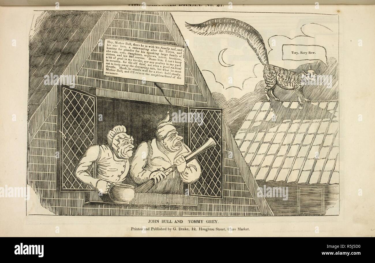 John Bull e Tommy Gray. Il dramma politico. [Una serie di caricature.]. [Londra] : stampato e pubblicato da G. Drake, 12, Houghton Street, Clare Mercato, [1834-1835]. Fonte: HS.74/1630 no.27. Autore: concessione, Charles Jameson. Foto Stock
