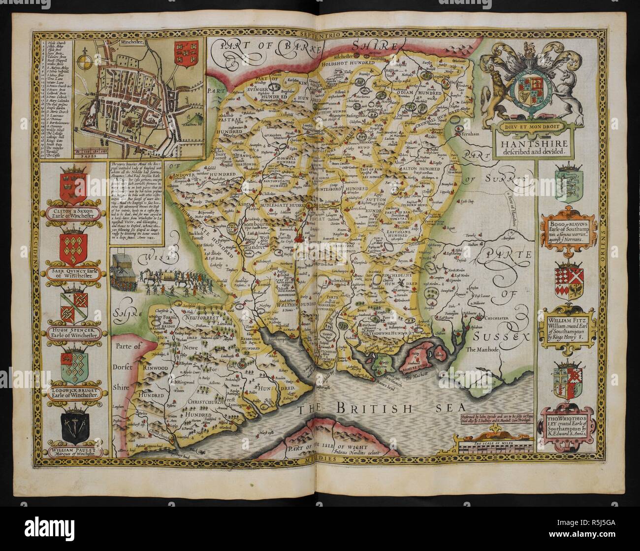Hantshire (Hampshire), descritta e divisa. Eseguita da Giovanni velocità. 1611. Inset piano di Winchester. . Il Teatro dell'impero della Gran Bretagna. Londra : John Sudbury & George umile, 1611. Fonte: Mappe C.7.c.20.(2.), f.13. Foto Stock