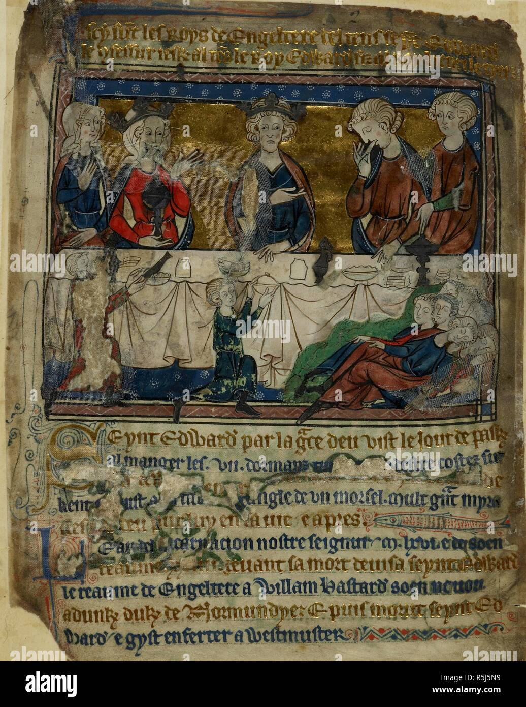 Il re Edoardo il Confessore seduto a un banchetto. Cronache varie. circa 1280-1300. Fonte: Cotone Vitellius A. XIII, f.3. Lingua: anglo-francese. Foto Stock
