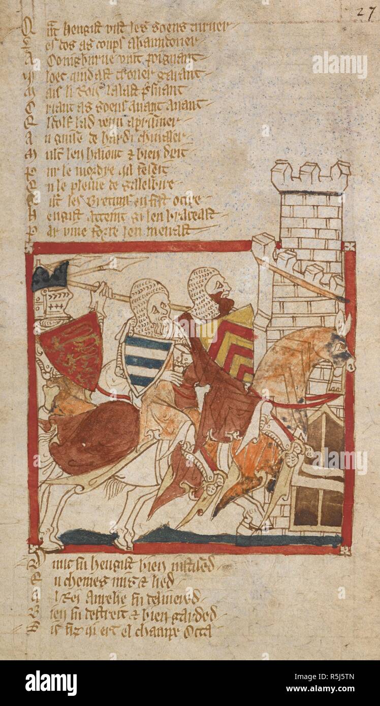 Hengist si rifugia a Conisborough. Romanzi in francese versetto ... Il XIV secolo. Fonte: Egerton 3028, f.27. Autore: Wace, Canon di Bayeux. Foto Stock