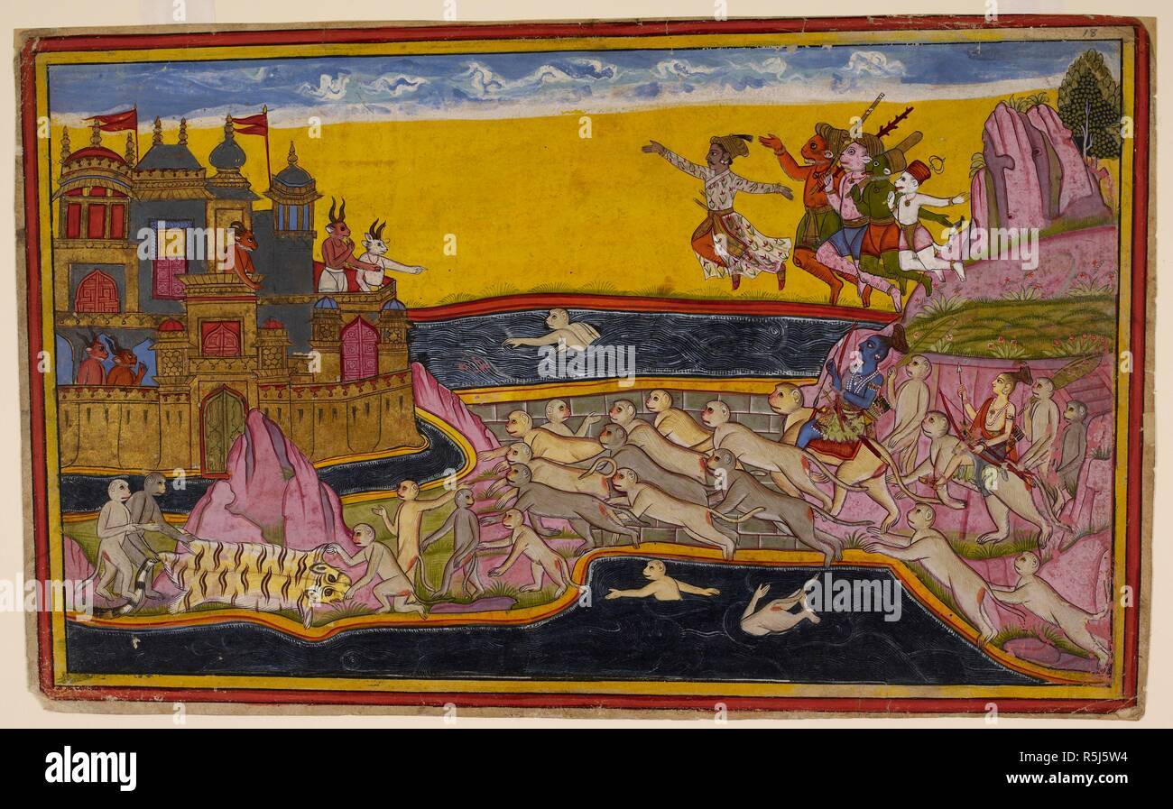 Adirato per la Oceanâ€™s non-cooperazione, RÄma attaccarono con tutte le armi al suo comando e il mare di ebollizione eventualmente scaricato fino agli sbigottiti Ocean Dio in persona, che lo ha informato che avrebbe potuto non fa parte delle onde per lui, ma che dovrebbero dire la scimmia engineer Nala, figlio del divino architetto ViÅ'vakarma, per costruire un ponte che attraversa il mare per Laá¹…kÄ. Per cinque giorni le scimmie poi issata di grandi pietre e alberi nell'oceano per costruire un ponte a cento leghe in lunghezza. È ora completo e le scimmie attraversate il ponte, RÄma e Laká¹£maá¹‡a nuovamente montato su HanumÄ Foto Stock