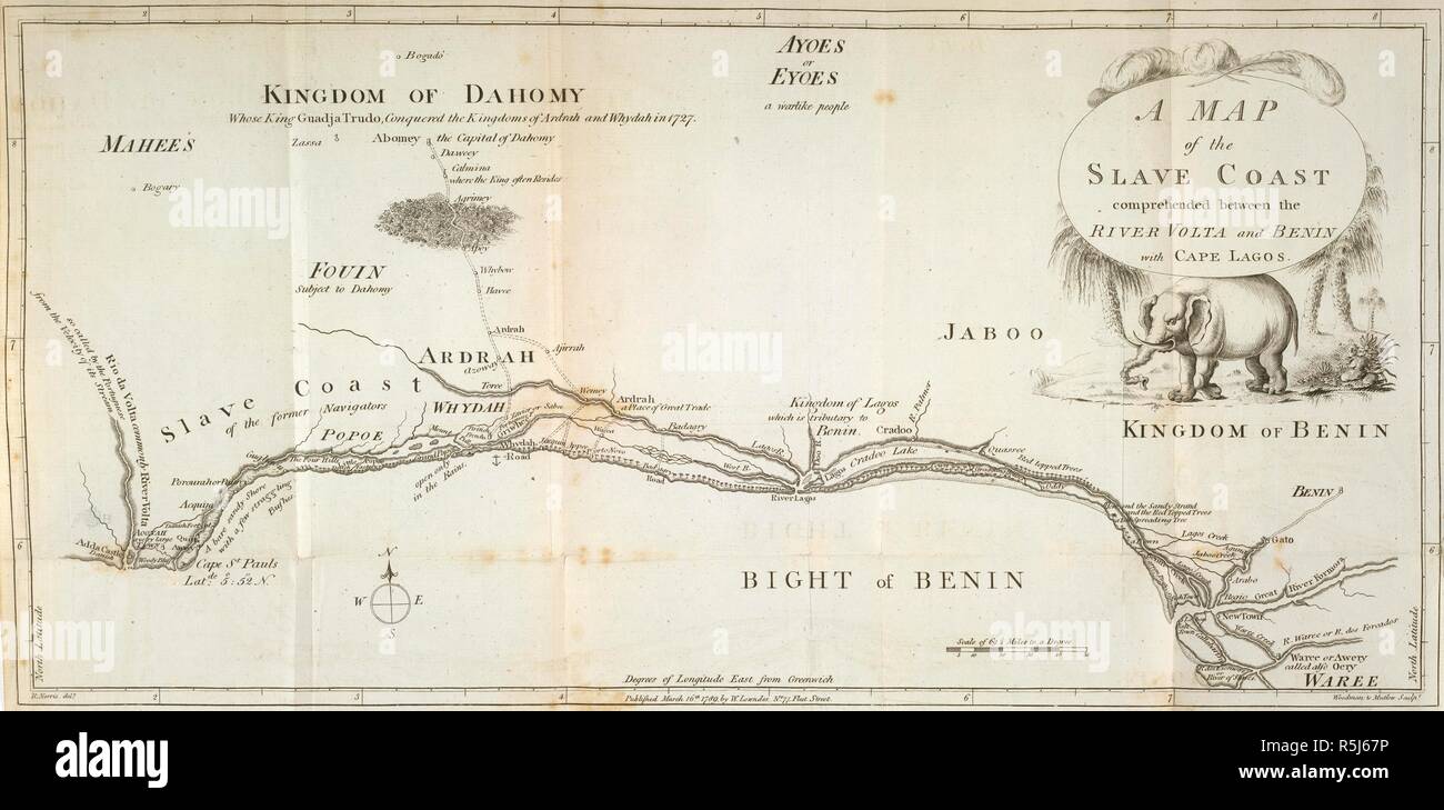 Una mappa della costa di slave. Memorie del regno di Bossa Ahadee, re di Daho. 1789. Una mappa della costa slave compreso tra il fiume Volta e Benin e capo di Lagos. Immagine presa da memorie del regno di Bossa Ahadee, re di Dahomy. Originariamente pubblicato/prodotta nel 1789. . Fonte: G.15028.(1), frontespizio mappa. Foto Stock