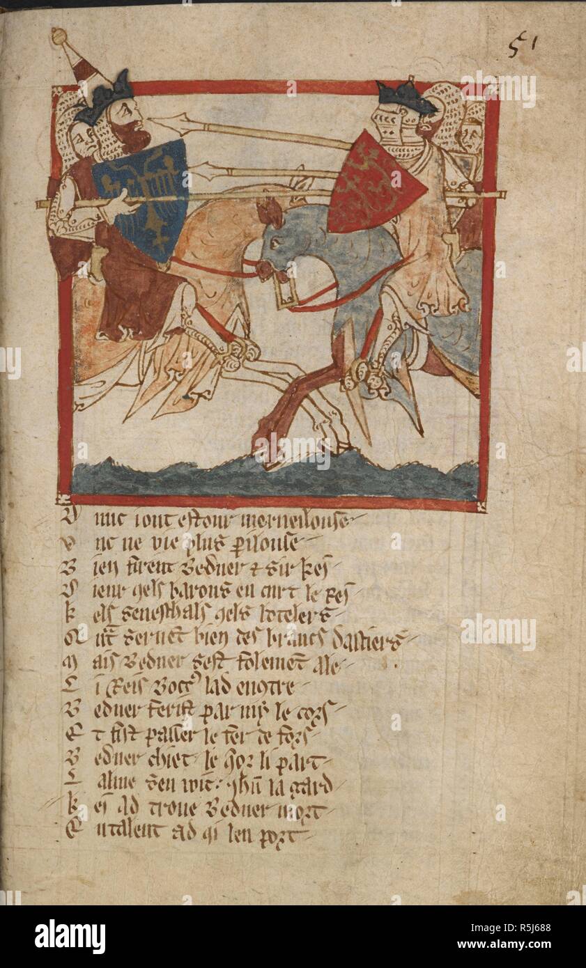 Lotta tra Arthur e l'imperatore. Romanzi in francese versetto ... Il XIV secolo. Fonte: Egerton 3028 f.51. Autore: Wace, Canon di Bayeux. Foto Stock