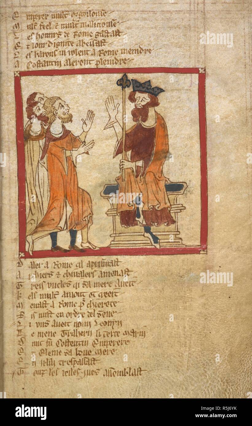 Costantino riceve le denunce. Romanzi in francese versetto ... Il XIV secolo. Fonte: Egerton 3028 f.6. Autore: Wace, Canon di Bayeux. Foto Stock