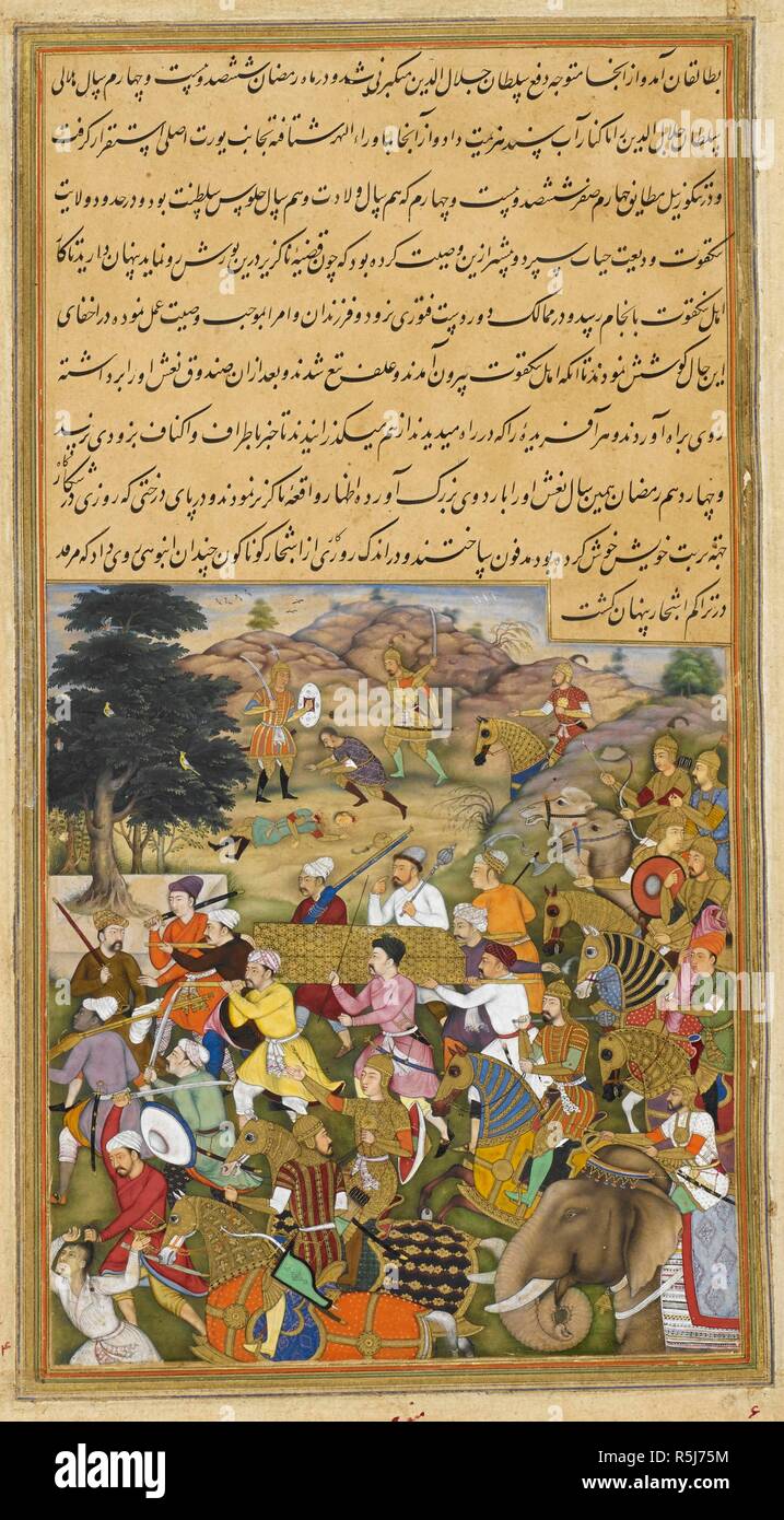 Il corpo di Chingiz khan portati in una scatola mentre i suoi ufficiali uccidere gli astanti al fine di mantenere la sua morte un segreto (1227). Akbarnama, vol. 1, da Abu'1-Fazl ibn Mubarak, fin dai primordi della dinastia fino al 1555. India, 1603-1604. Fonte: o. 12988, f.32. V.o. persiano. Autore: Manohar. Abu'l-Fazl ibn Mubarak. Foto Stock