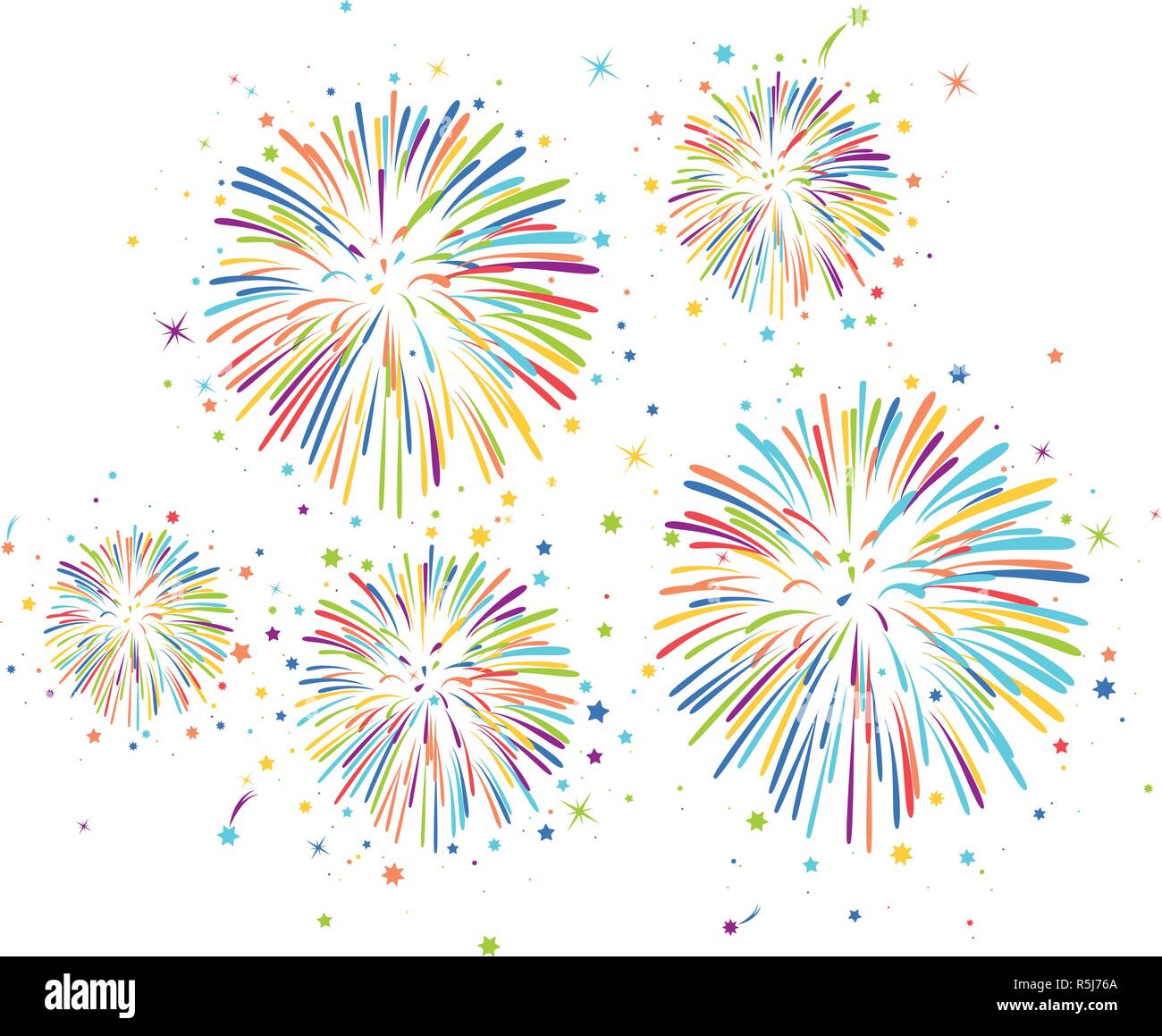 Fuochi d'artificio vettore sfondo per natale, 4 luglio, carnevale e vacanze illustrazioni falò colorati fuochi d' artificio notte con stelle e bagliori Illustrazione Vettoriale