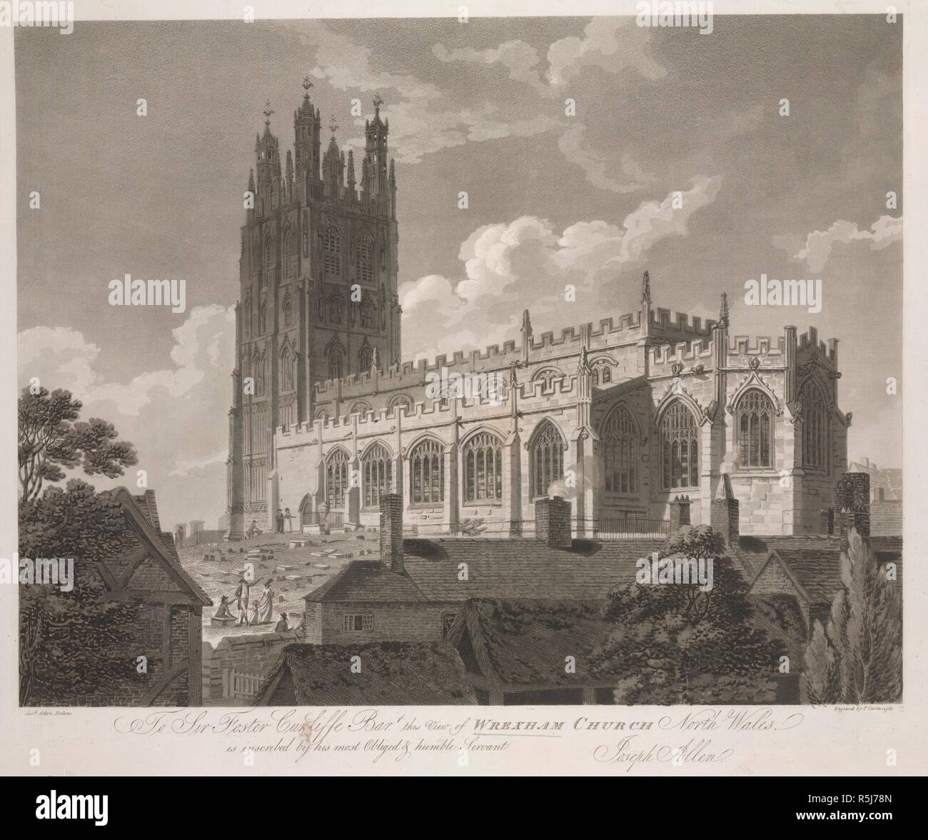 Una vista di Wrexham Chiesa, il Galles del Nord . A Sir Foster Cunliffe Bart. Questa vista della Chiesa a Wrexham, il Galles del Nord [dedizione da Joseph Allen continua]. La puntasecca. Fonte: Mappe K.Top.47.7.c. Lingua: Inglese. Foto Stock