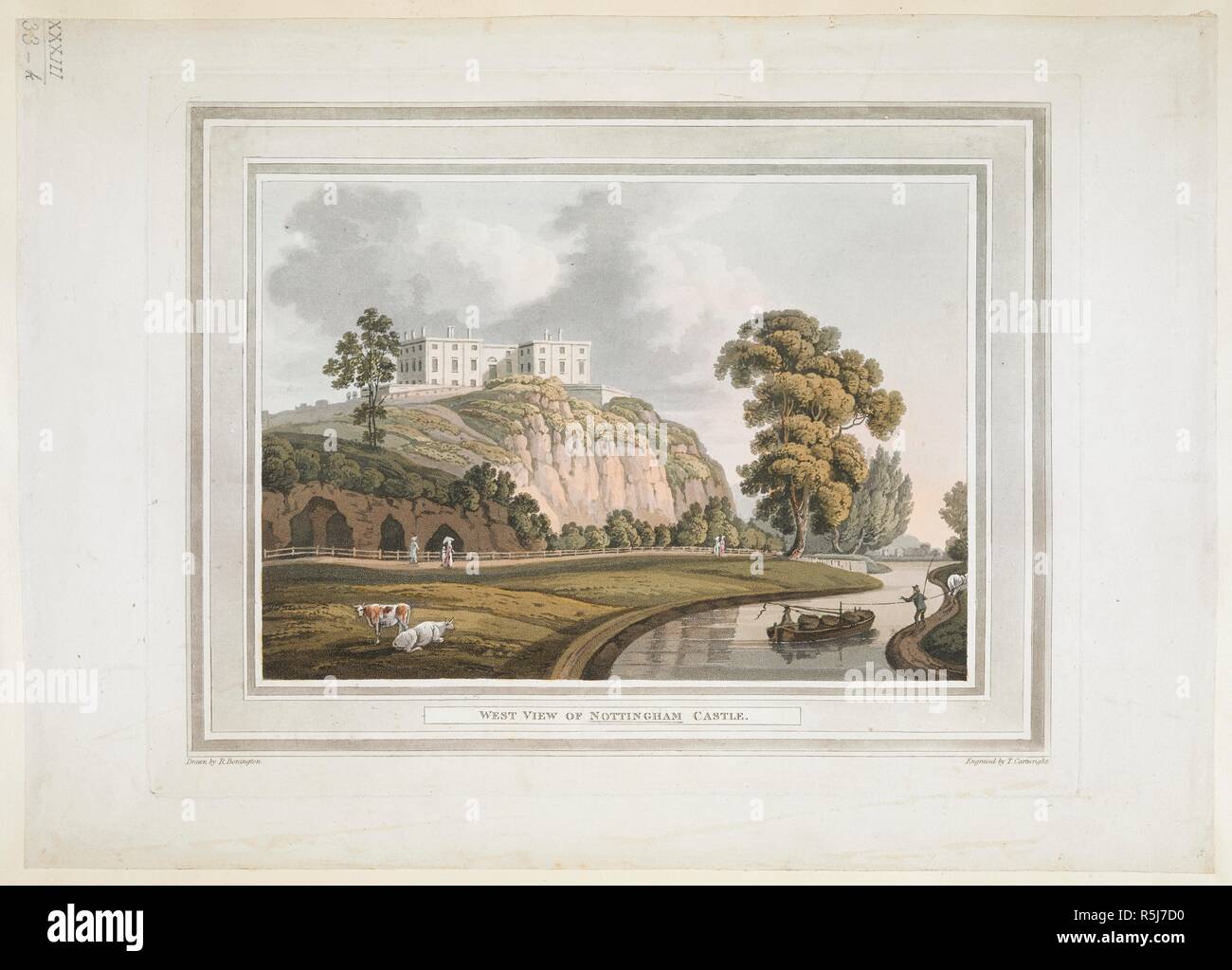 Vista Ovest di Nottingham Castle. Vacche da un fiume; una barca trainato da un cavallo sulla riva opposta; le figure su un percorso nella terra di mezzo; un promontorio roccioso su cui siede un grande castello nella distanza. . Vista Ovest di Nottingham Castle. Disegnata da R. Bonington ; incisi da T. Cartwright. [Inghilterra] : [autore non identificato], [circa 1810-1815]. 1 stampa : la puntasecca e incisione con mano-colorazione piastra ; 25,7 x 33,3 cm, sul foglio 30,5 x 42,5 cm. Fonte: Mappe K.Top.33,33.k. Foto Stock