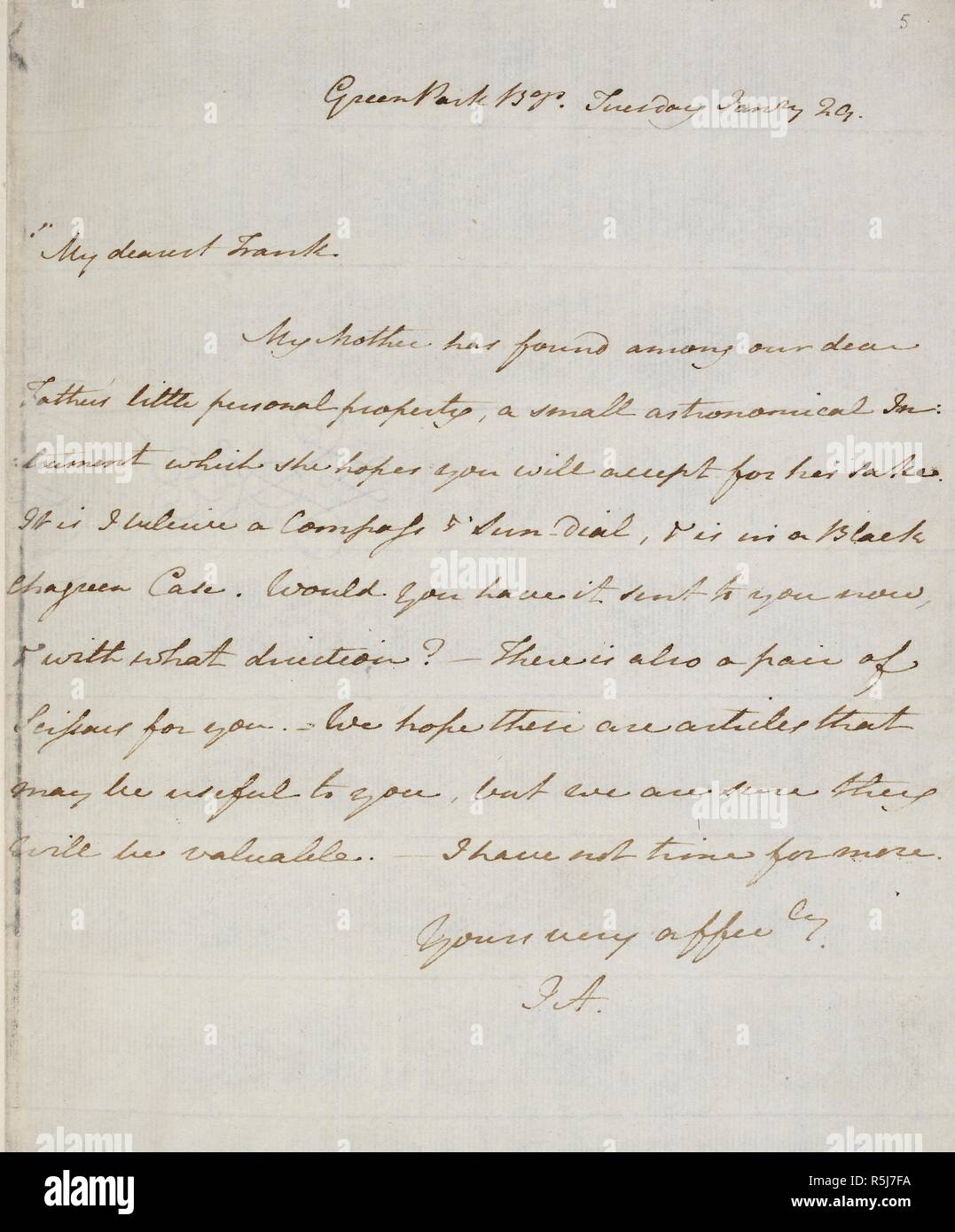 Lettera autografa di Jane Austen al fratello Frank [Capitano Francesco Austen], 29 gennaio 1805, dopo la morte del padre loro. Londra; 1805. Fonte: Aggiungi. 42180, f.5. Lingua: Inglese. Foto Stock