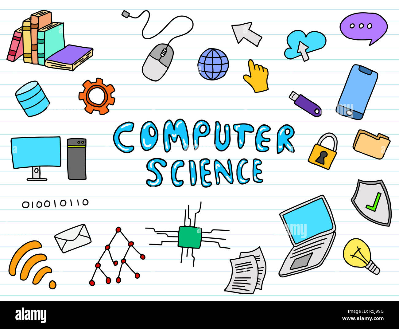 Ingegneria informatica istruzione doodle arte con colore colore pieno stile divertente illustrazione vettoriale Foto Stock