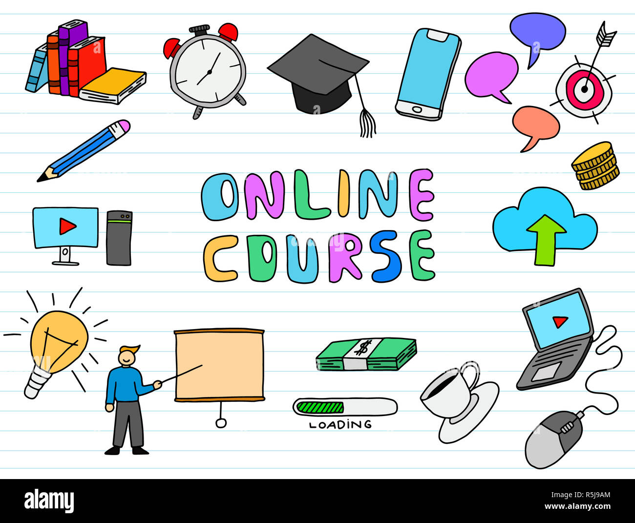 Corso online doodle illustrazione tecnica con carta di colore di sfondo illustrazione vettoriale Foto Stock