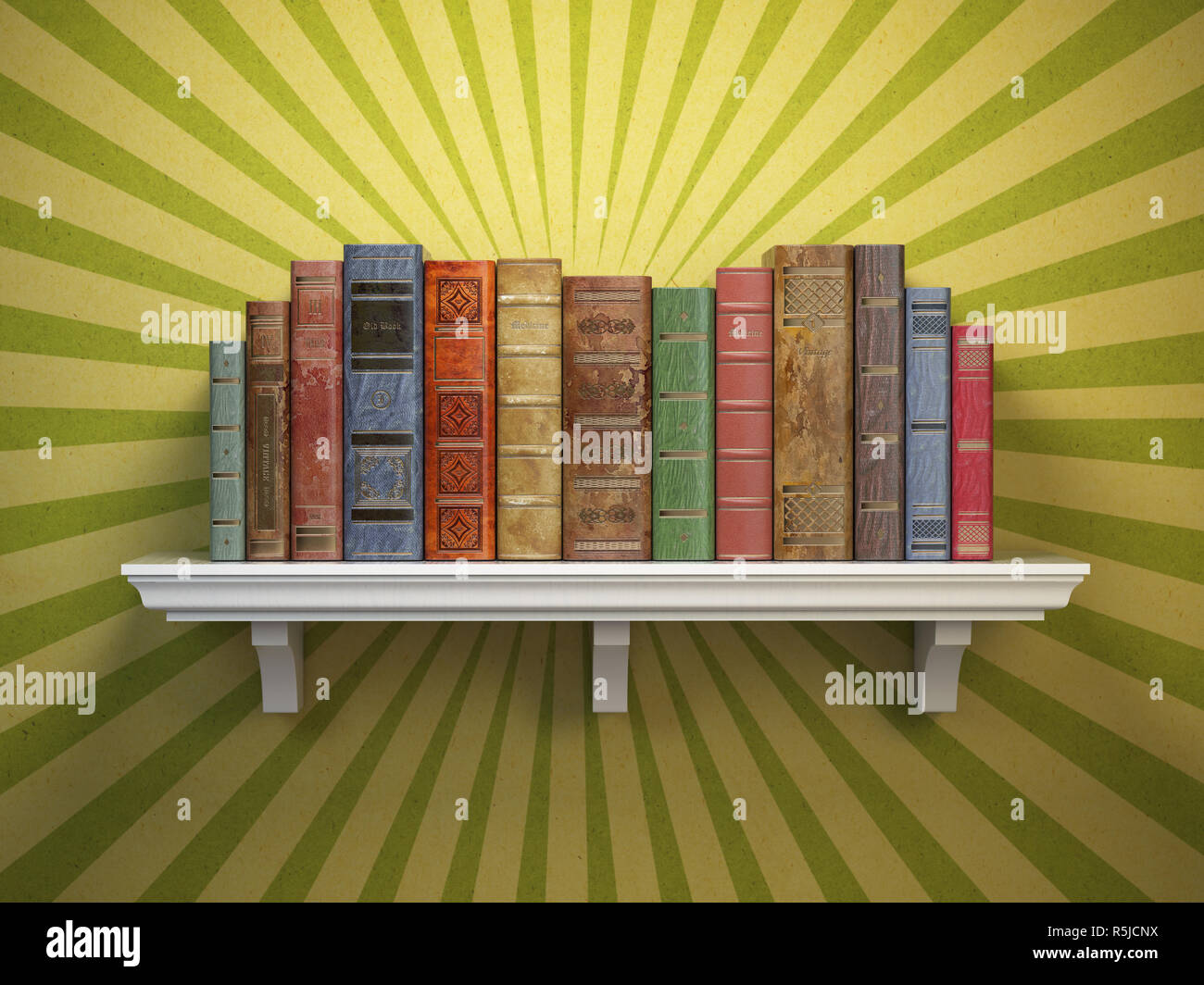 Vecchio vintage libri sullo scaffale. I classici della letteratura e istruzione concetto vintage. 3d illustrazione Foto Stock