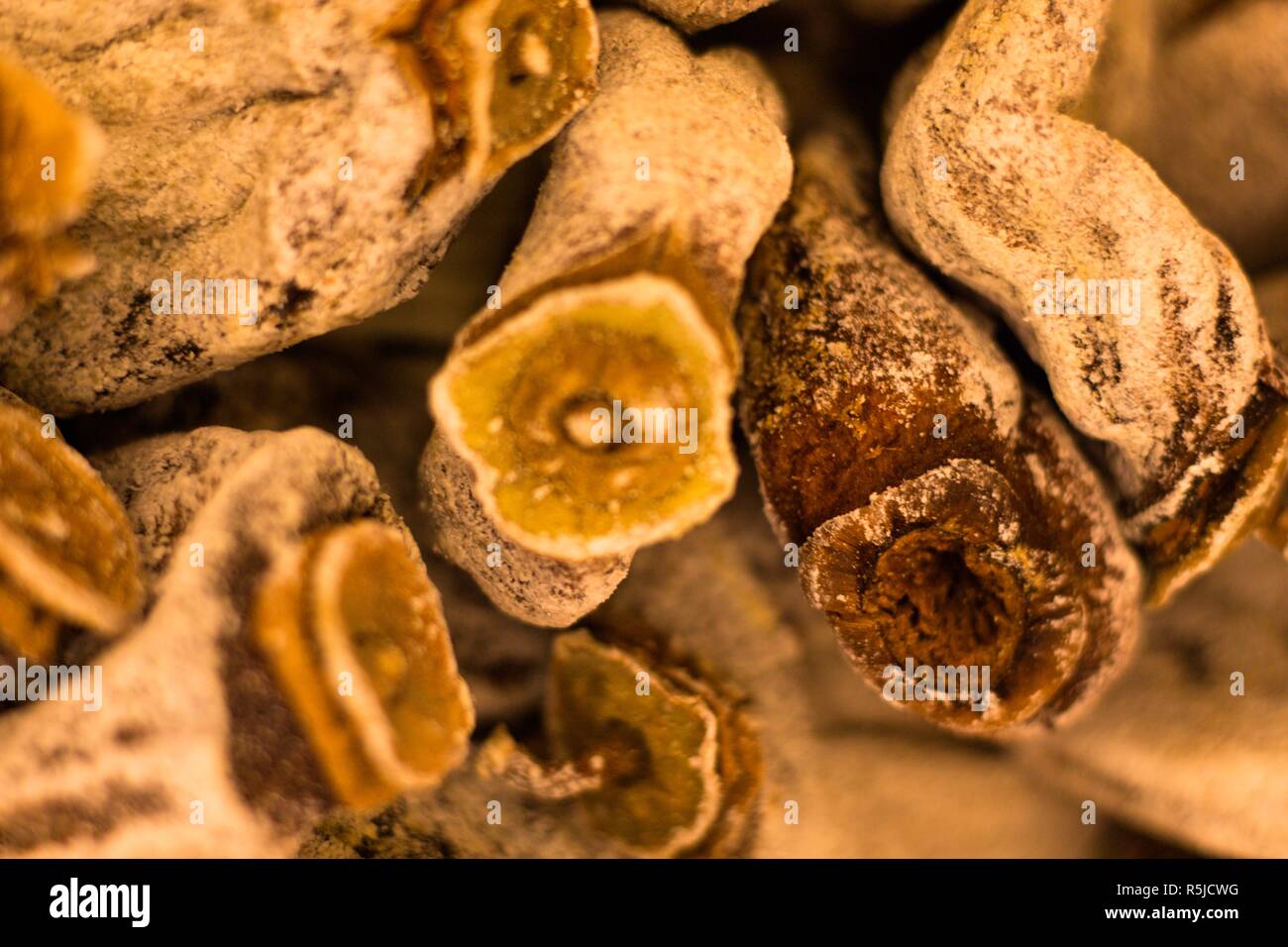 Frutta secca, molto sano, dolce e saporita persimmon. Essiccato e spolverato con zucchero a velo. Foto Stock