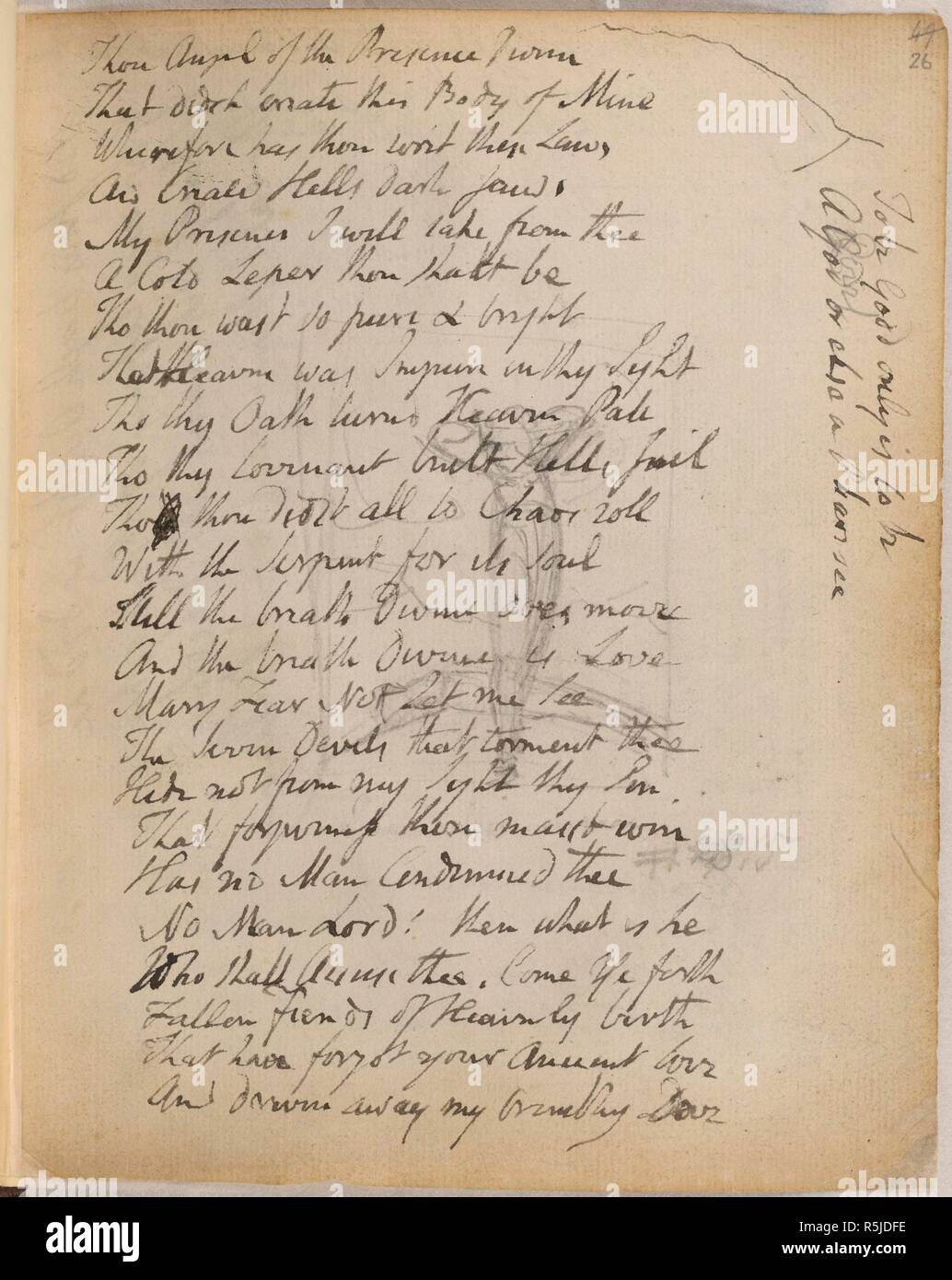 Emblema 28; Caino e Abele. Notebook di William Blake. Inghilterra; circa 1787-1818. [Intero folio] Emblema il disegno di una prima versione di Blake's foto di Caino accanto al corpo di Abele. Progetto autografo di linee da "l'Eterno vangelo' immagine presa da Notebook di William Blake. Originariamente pubblicato/prodotto in Inghilterra; circa 1787-1818. . Fonte: Aggiungi. 49460, f.26. Lingua: Inglese. Foto Stock