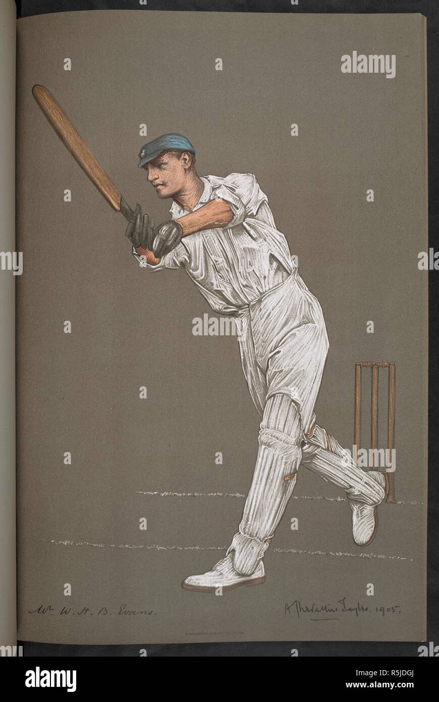 Il sig. W. H. Evans, Oxford e Hampshire. William Henry Brereton Evans (1883â€"1913) era un sudafricano-inglese nato a tutto tondo di cricketer che ha giocato 66 volte in first-class cricket all inizio del XX secolo. L'Empire's Il Cricketers. Da disegni originali di A. Chevallier Tayler. Con biografie di G. W. Beldam. Stagione 1905 [48 piastre con il testo descrittivo.]. [Londra] : la raffinata arte della società, Ltd. 148 New Bond Street, W., [1905]. Fonte: C.194.c.87, la piastra 37. Lingua: Inglese. Foto Stock