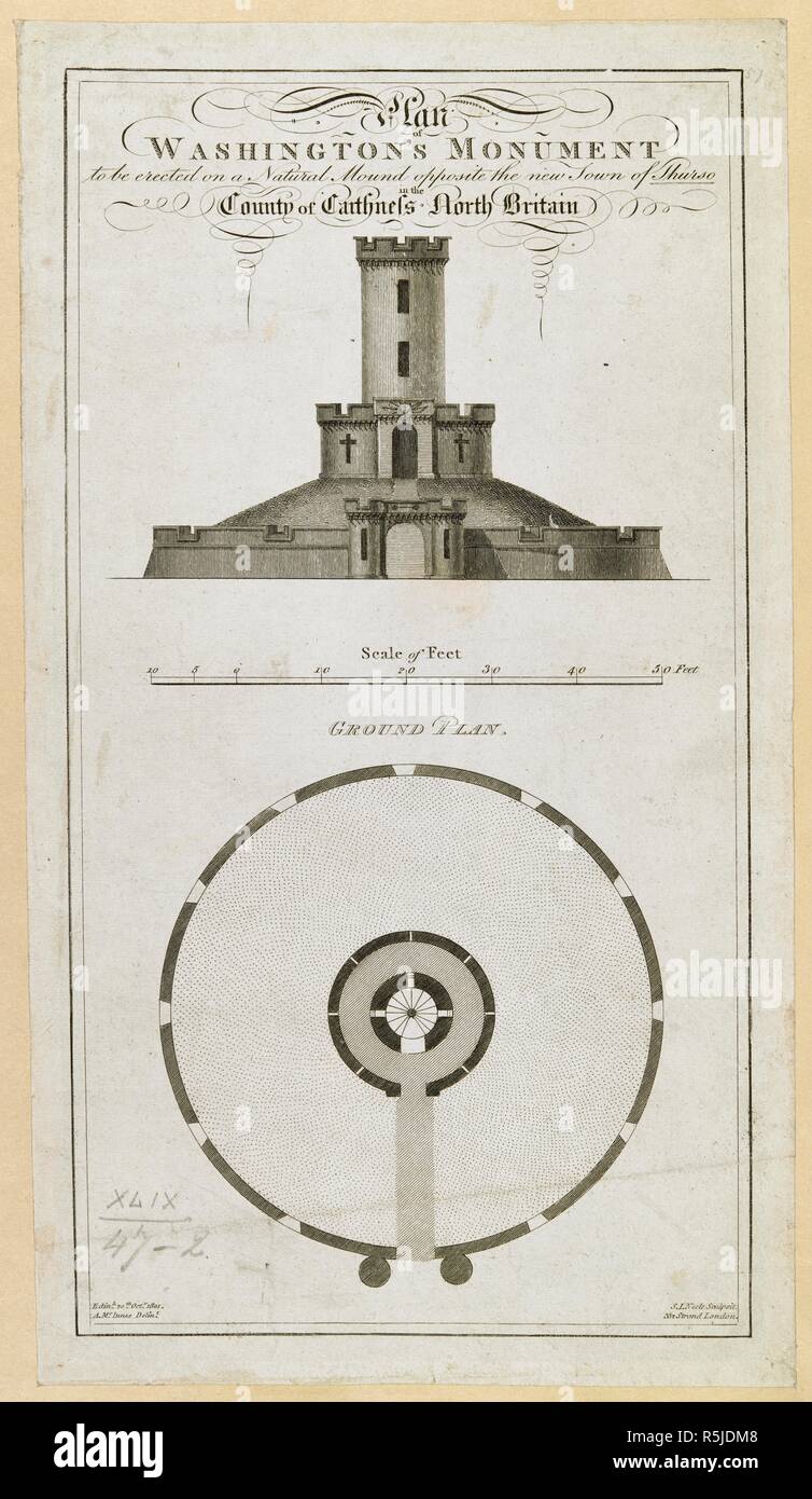 In pianta e in elevazione del Monumento di Washington a Thurso . Piano del Monumento di Washington per essere eretto su una collinetta naturale di fronte alla nuova città di Thurso : contea di Cathness Nord Gran Bretagna. Edin. : [Autore non identificato], ventesimo Octr 1801. Fonte: Mappe K.Top.49.47.2. Lingua: Inglese. Foto Stock