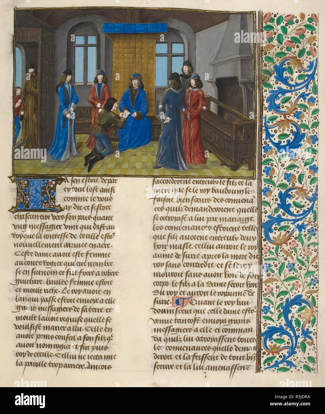 Baldwin riceve un messaggio dalla Contessa di Sicilia. Traduzione in francese, e proseguimento per 1231, del latino storia delle crociate da Guillelmus, Arcivescovo di pneumatico (1174-1190?). Nelle Fiandre, fine XV sec.. Fonte: Royal 15 E.I f.185 (grandi). Foto Stock